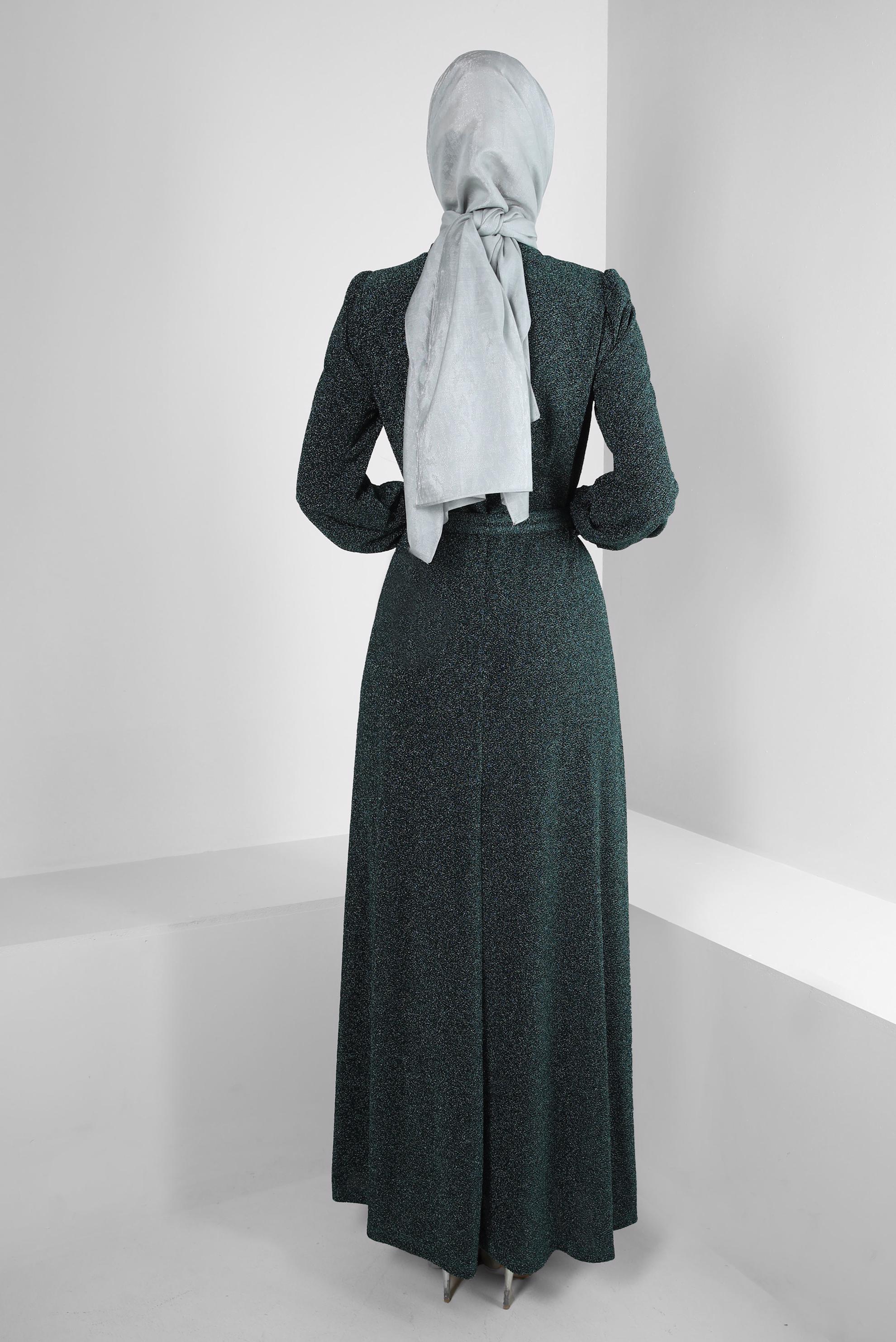 Tesettür giyim YEŞİL KEMERLİ SİMLİ ABİYE ELBİSE 50396