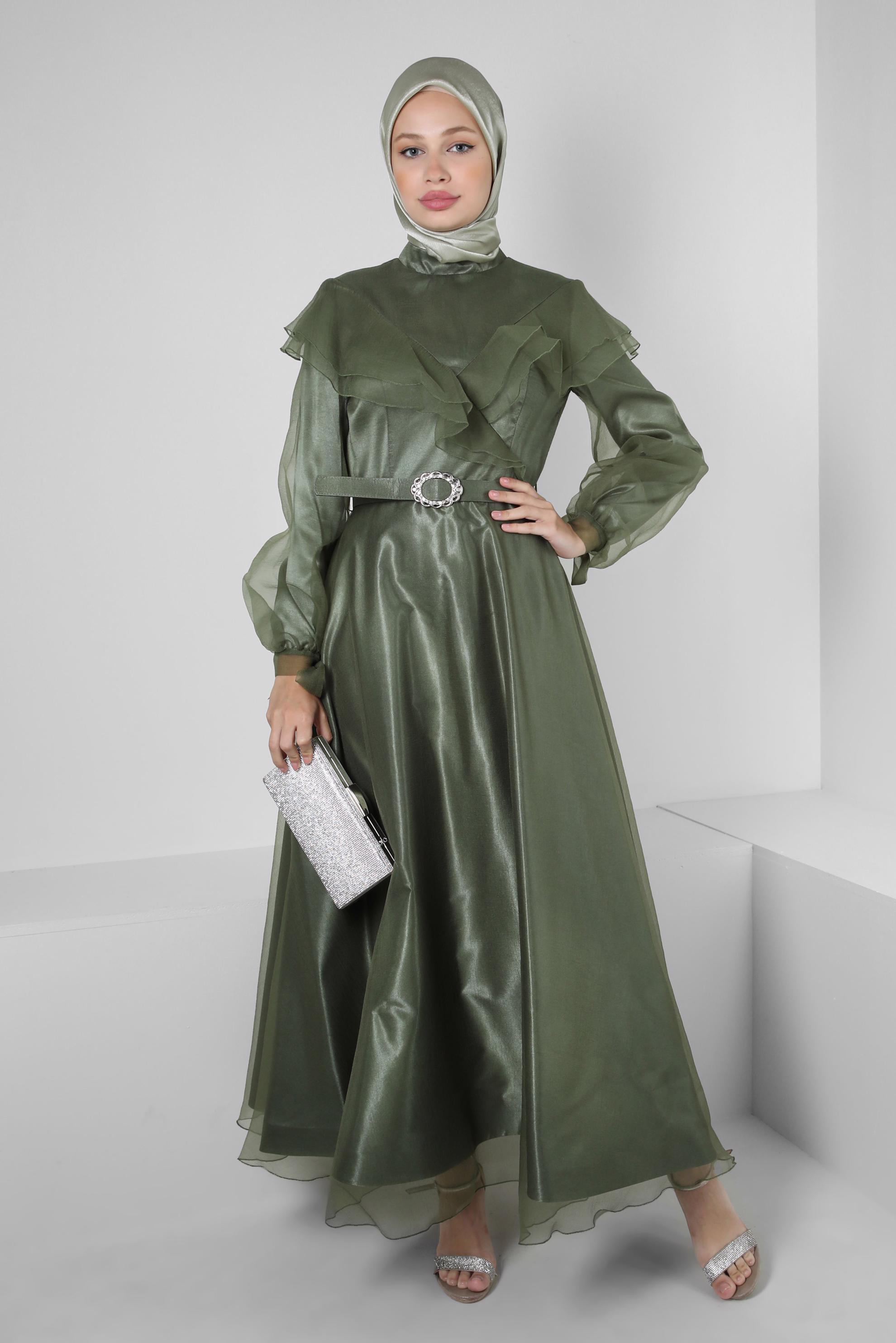 Vêtements hijab KAKI ROBE DE SOIRÉE CEINTURÉE DÉTAILS VOLANTS 50397