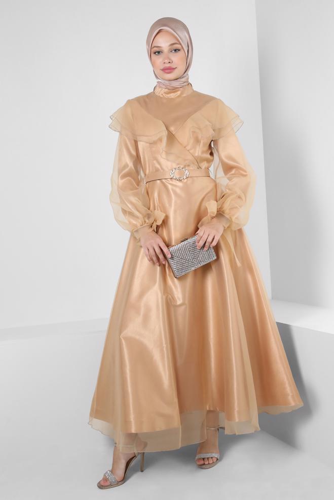 Vêtements hijab JAUNE ROBE DE SOIRÉE CEINTURÉE DÉTAILS VOLANTS 50397 - ALVİNA