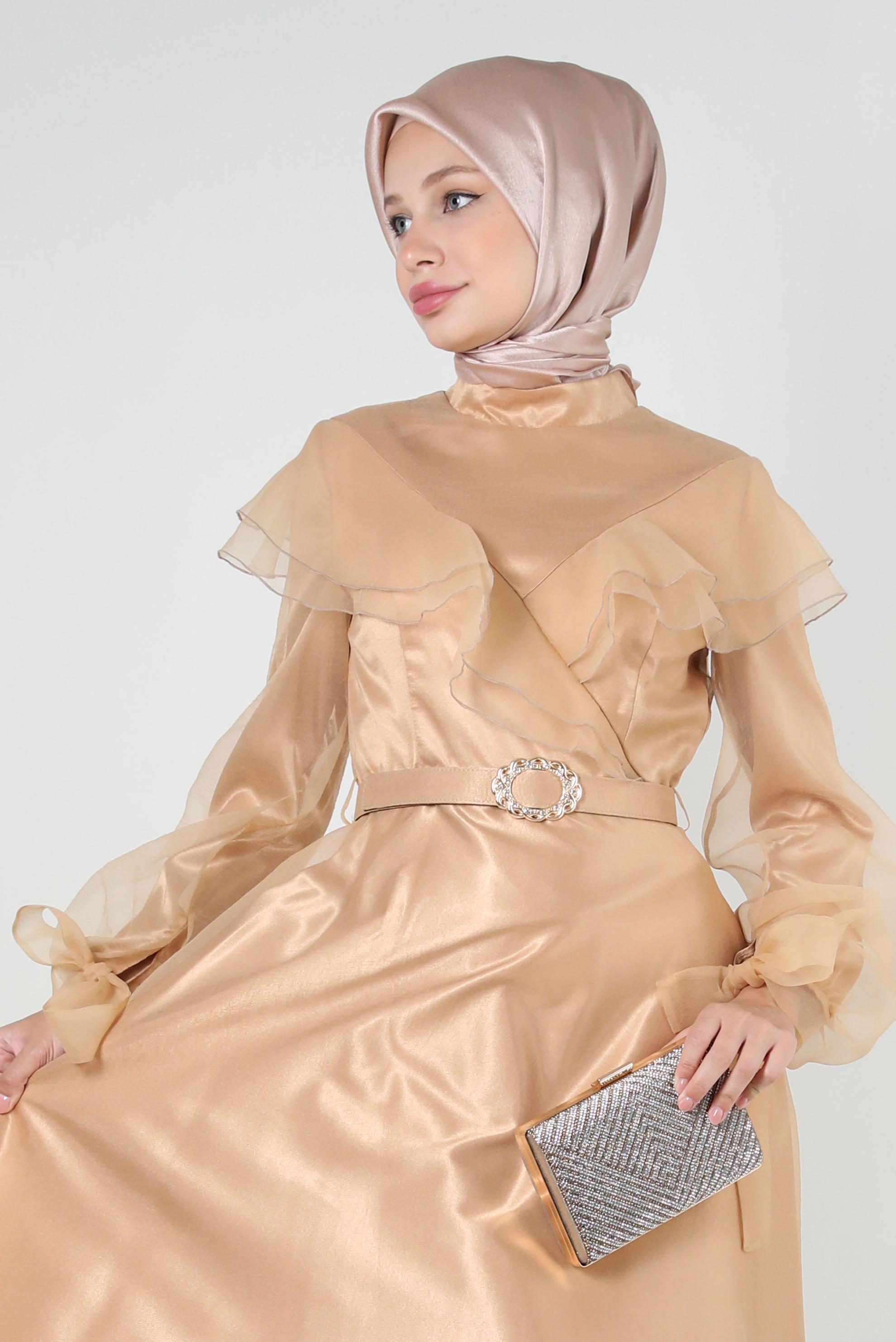Vêtements hijab JAUNE ROBE DE SOIRÉE CEINTURÉE DÉTAILS VOLANTS 50397