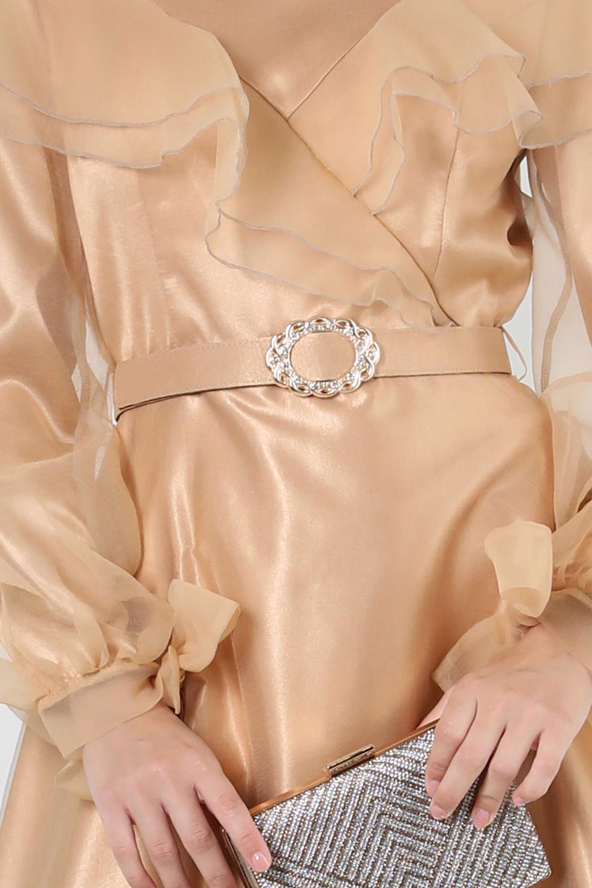 Vêtements hijab JAUNE ROBE DE SOIRÉE CEINTURÉE DÉTAILS VOLANTS 50397