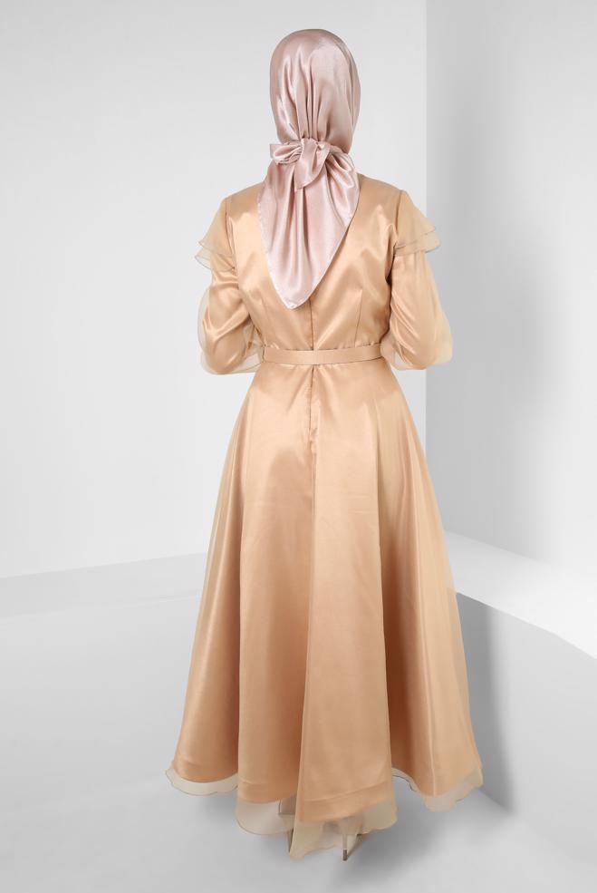 Vêtements hijab JAUNE ROBE DE SOIRÉE CEINTURÉE DÉTAILS VOLANTS 50397 - ALVİNA