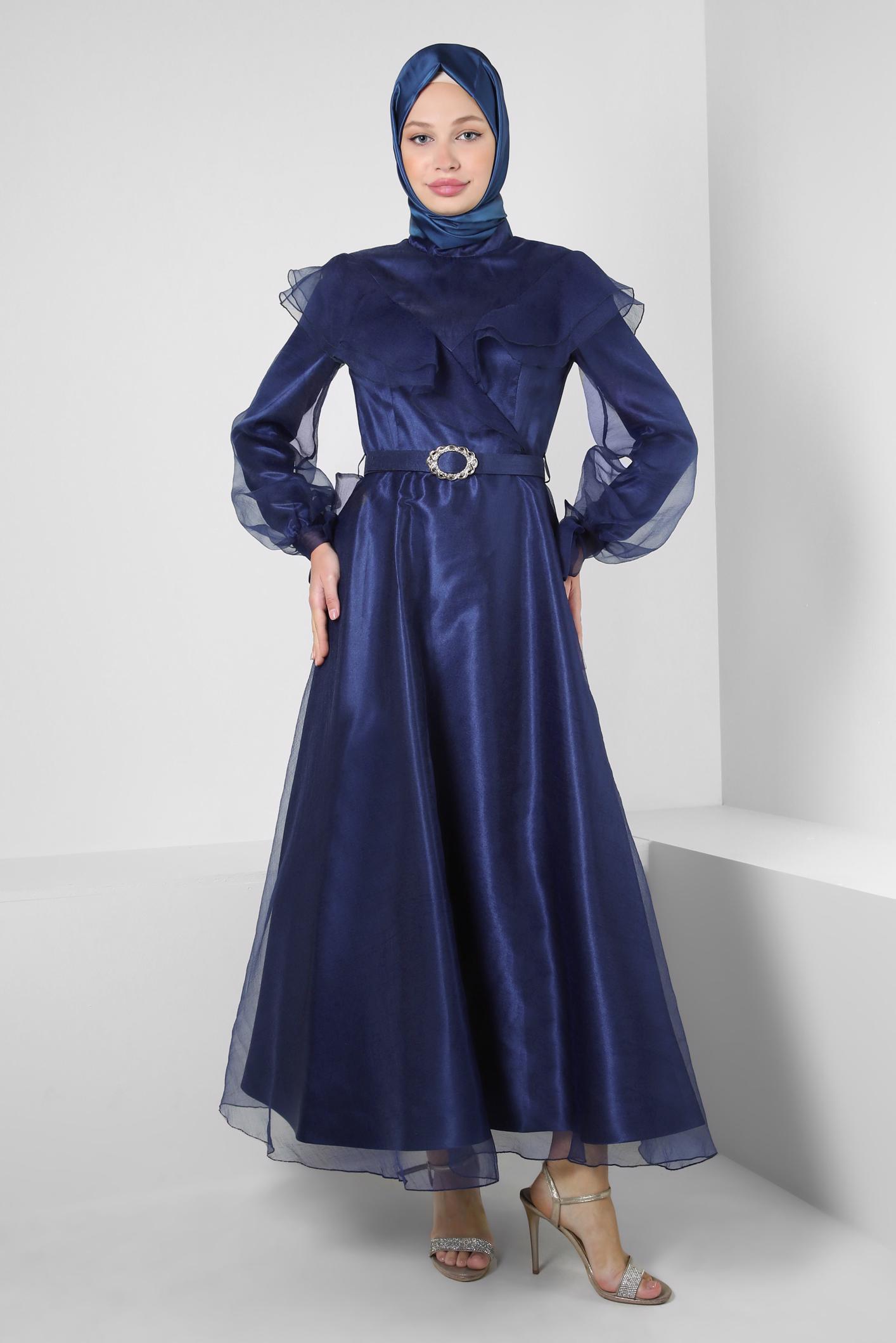 Vêtements hijab BLEU MARINE ROBE DE SOIRÉE CEINTURÉE DÉTAILS VOLANTS 50397
