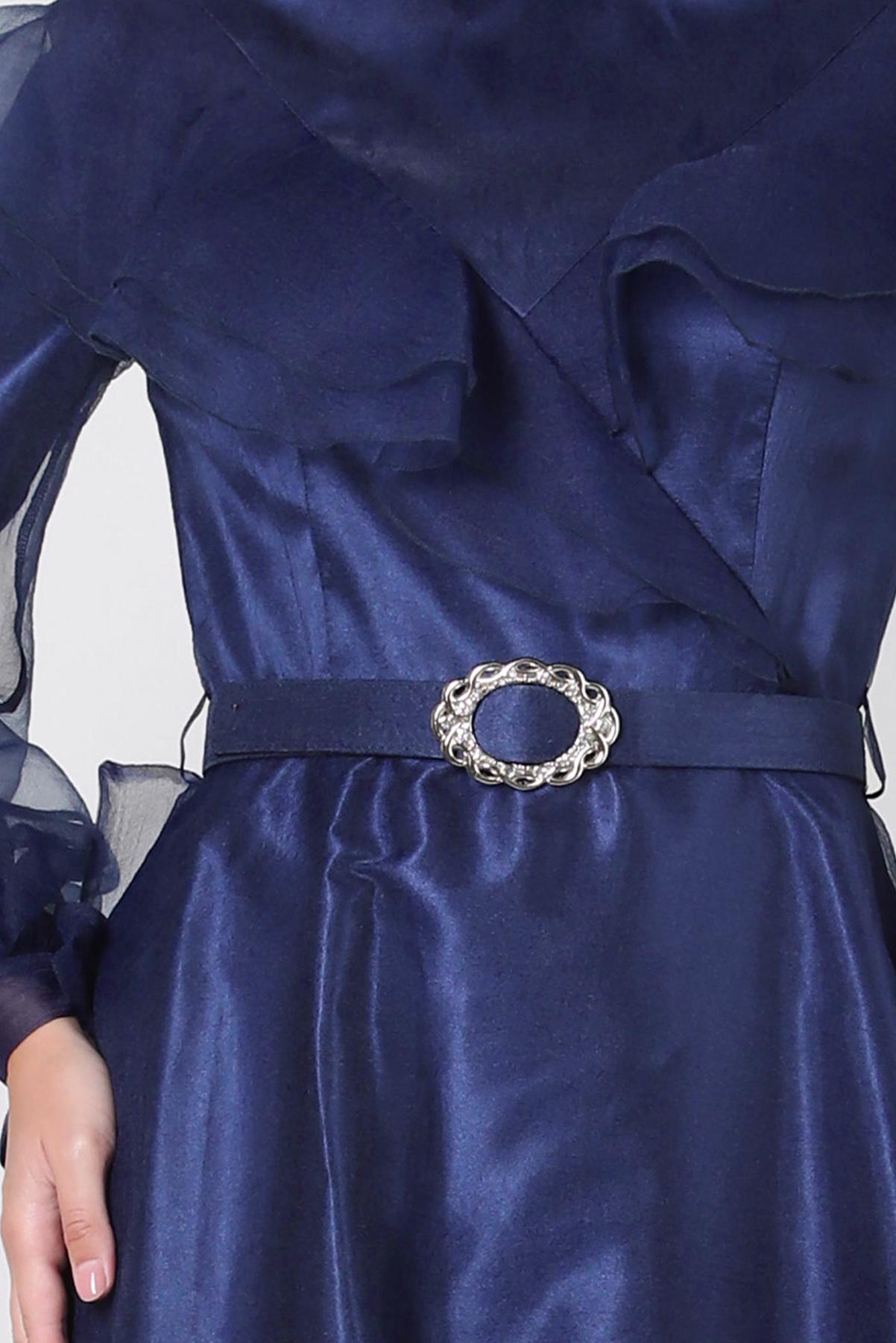 Vêtements hijab BLEU MARINE ROBE DE SOIRÉE CEINTURÉE DÉTAILS VOLANTS 50397