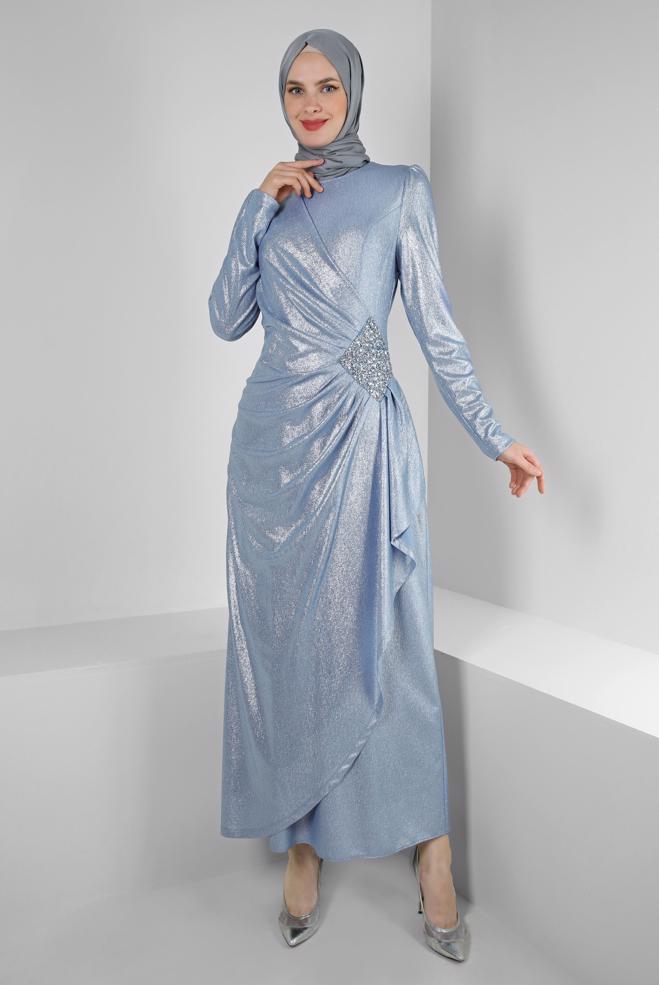 Hijab-Kleidung BLAU TAŞ BASKILI SİMLİ ABİYE ELBİSE 50398 - ALVİNA