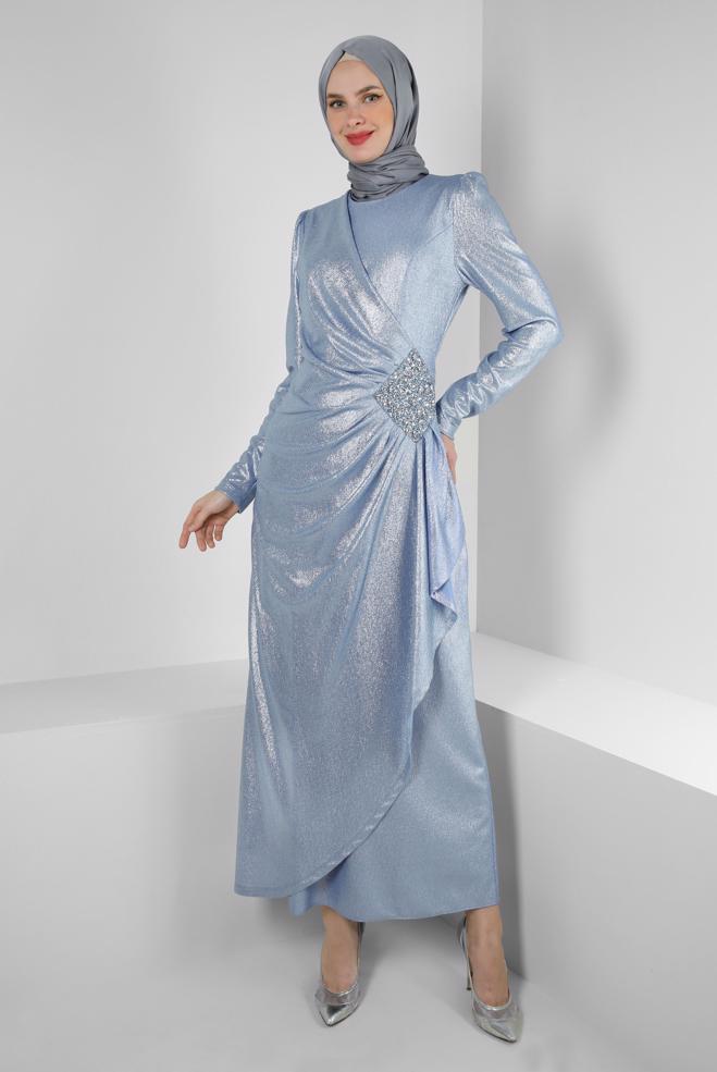 Hijab-Kleidung BLAU TAŞ BASKILI SİMLİ ABİYE ELBİSE 50398 - ALVİNA