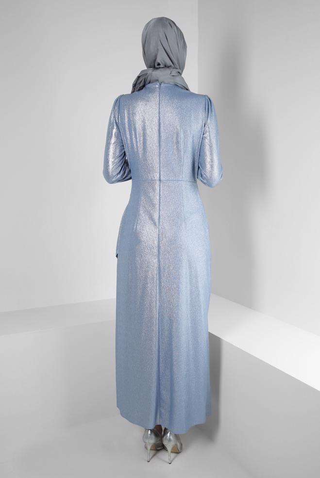 Hijab-Kleidung BLAU TAŞ BASKILI SİMLİ ABİYE ELBİSE 50398 - ALVİNA