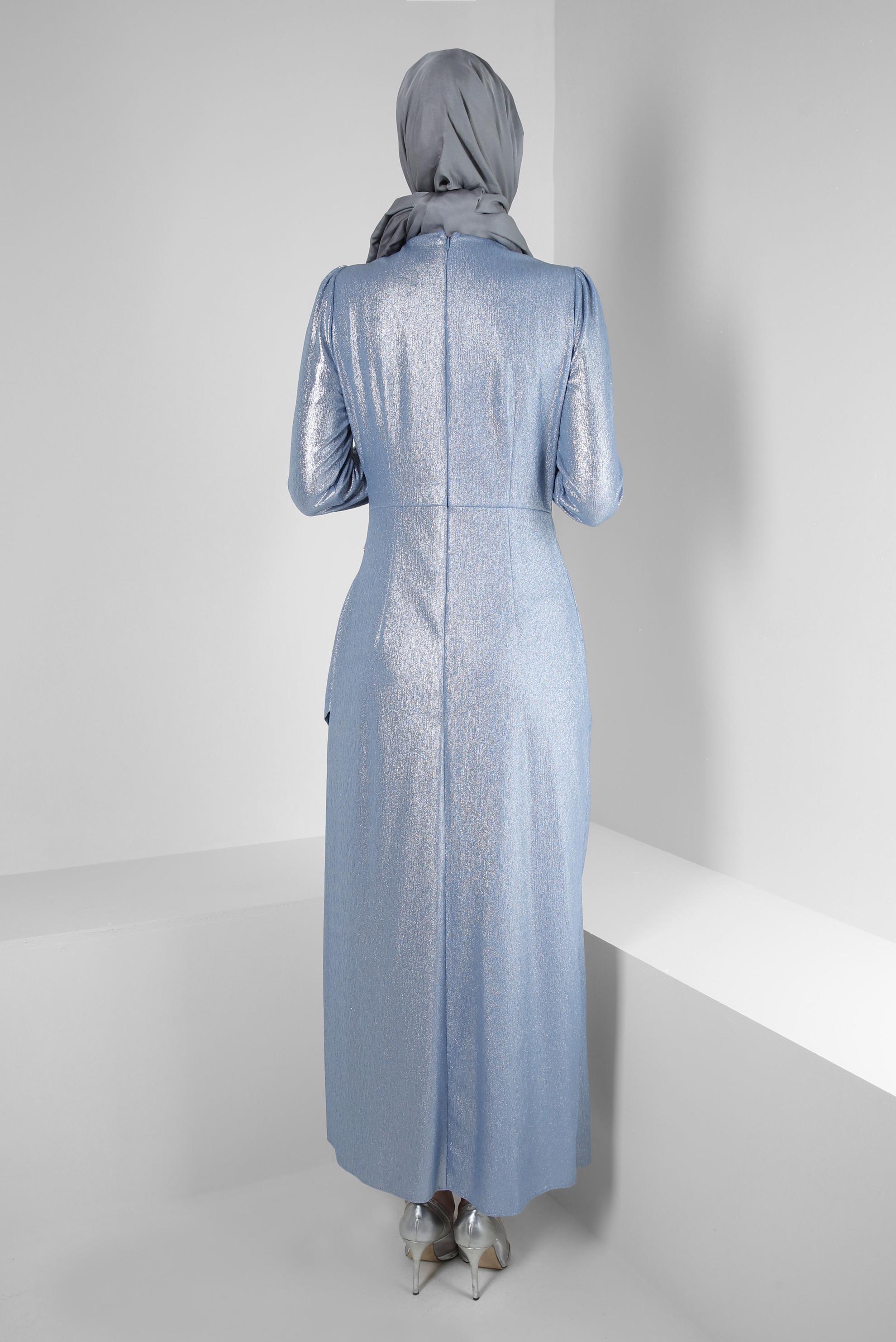 Tesettür giyim MAVİ TAŞ BASKILI SİMLİ ABİYE ELBİSE 50398