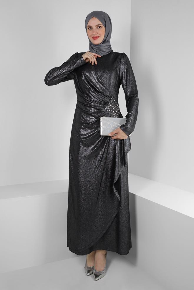 Vêtements hijab NOIR ROBE DE SOIRÉE BRODÉE GEMME 50398 - ALVİNA