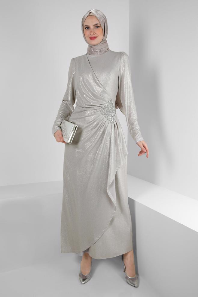 Hijab-Kleidung BEIGE TAŞ BASKILI SİMLİ ABİYE ELBİSE 50398 - ALVİNA