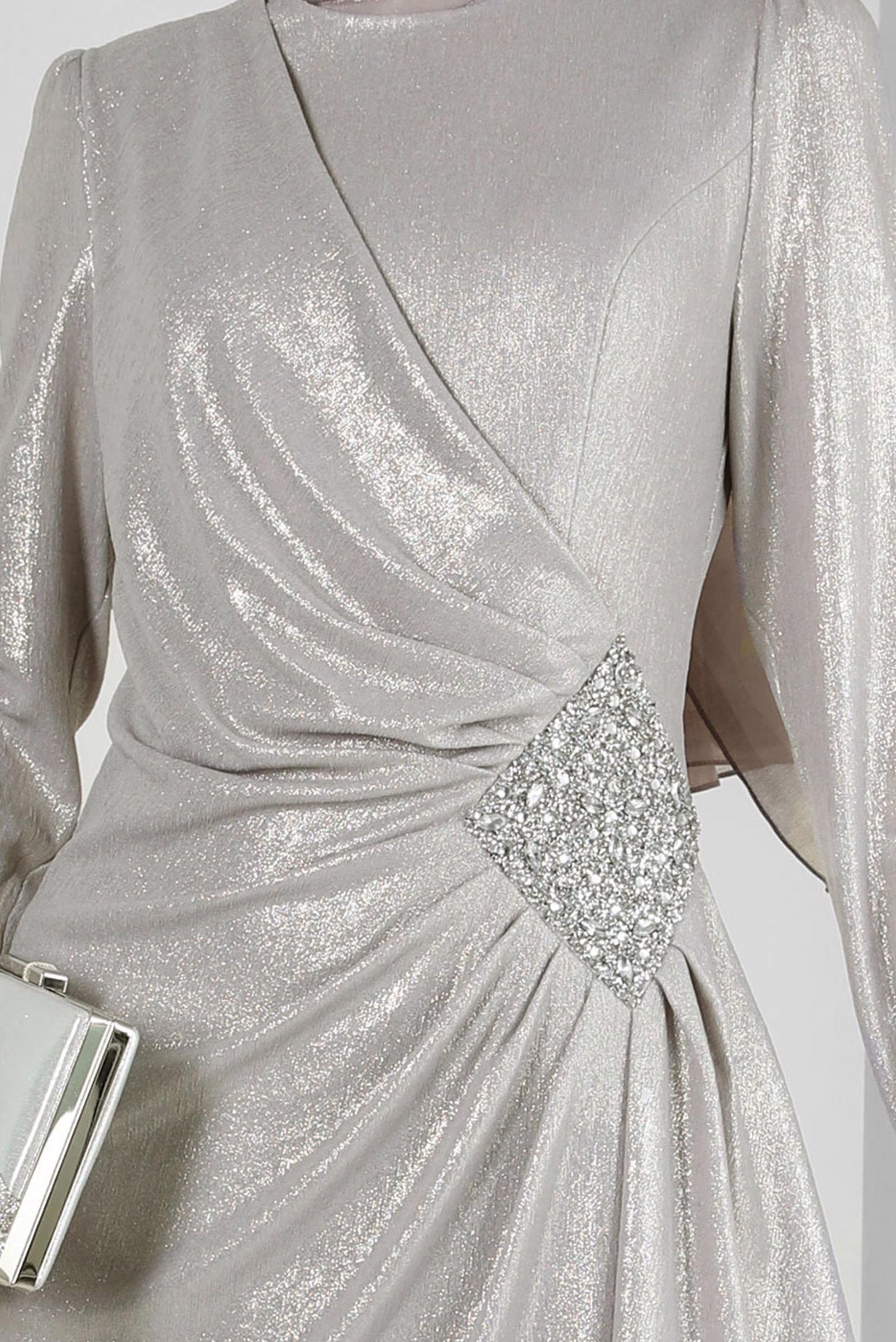 Tesettür giyim BEJ TAŞ BASKILI SİMLİ ABİYE ELBİSE 50398