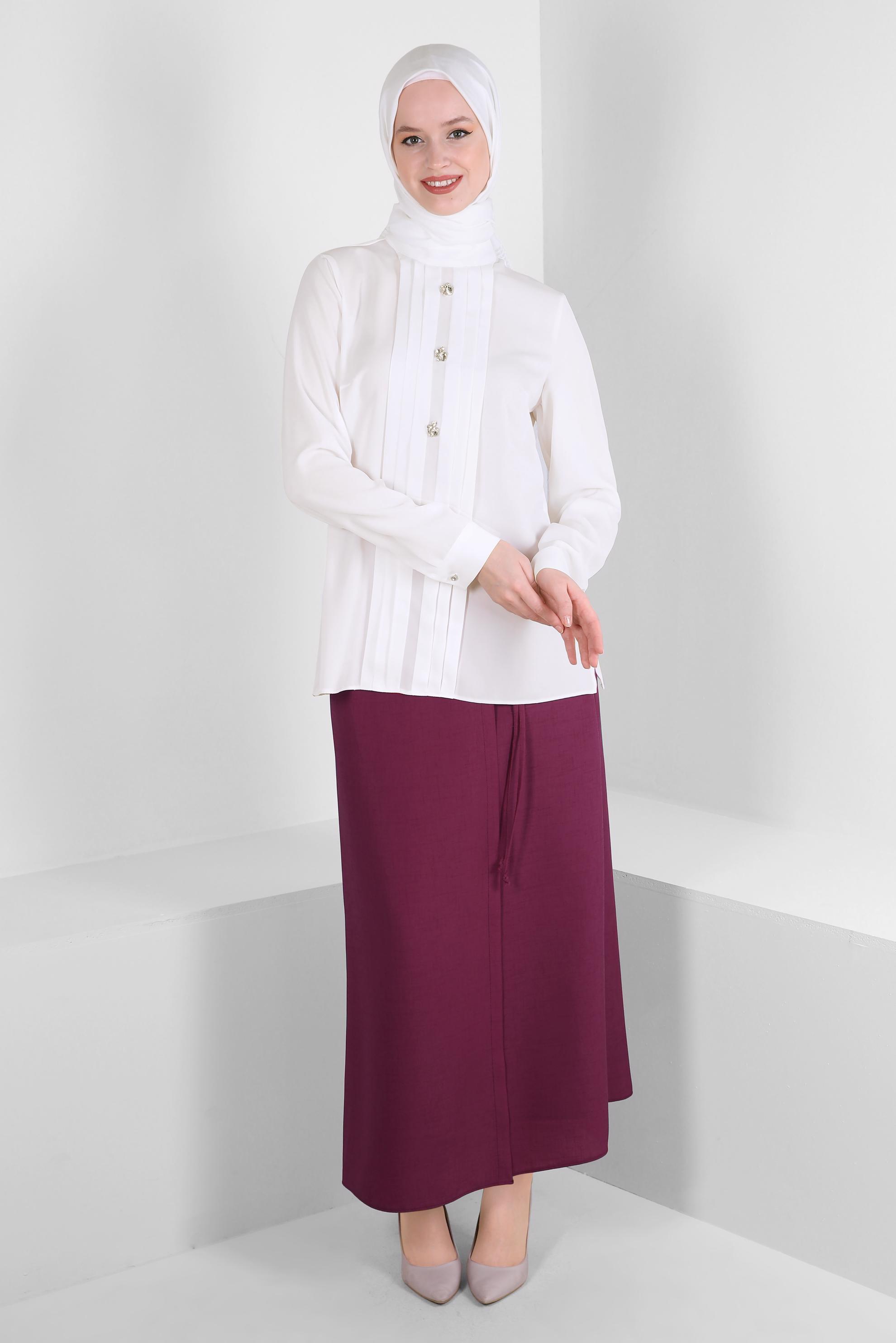 Tesettür giyim BEYAZ TAŞ DETAYLI PİLİSELİ BLUZ 43537