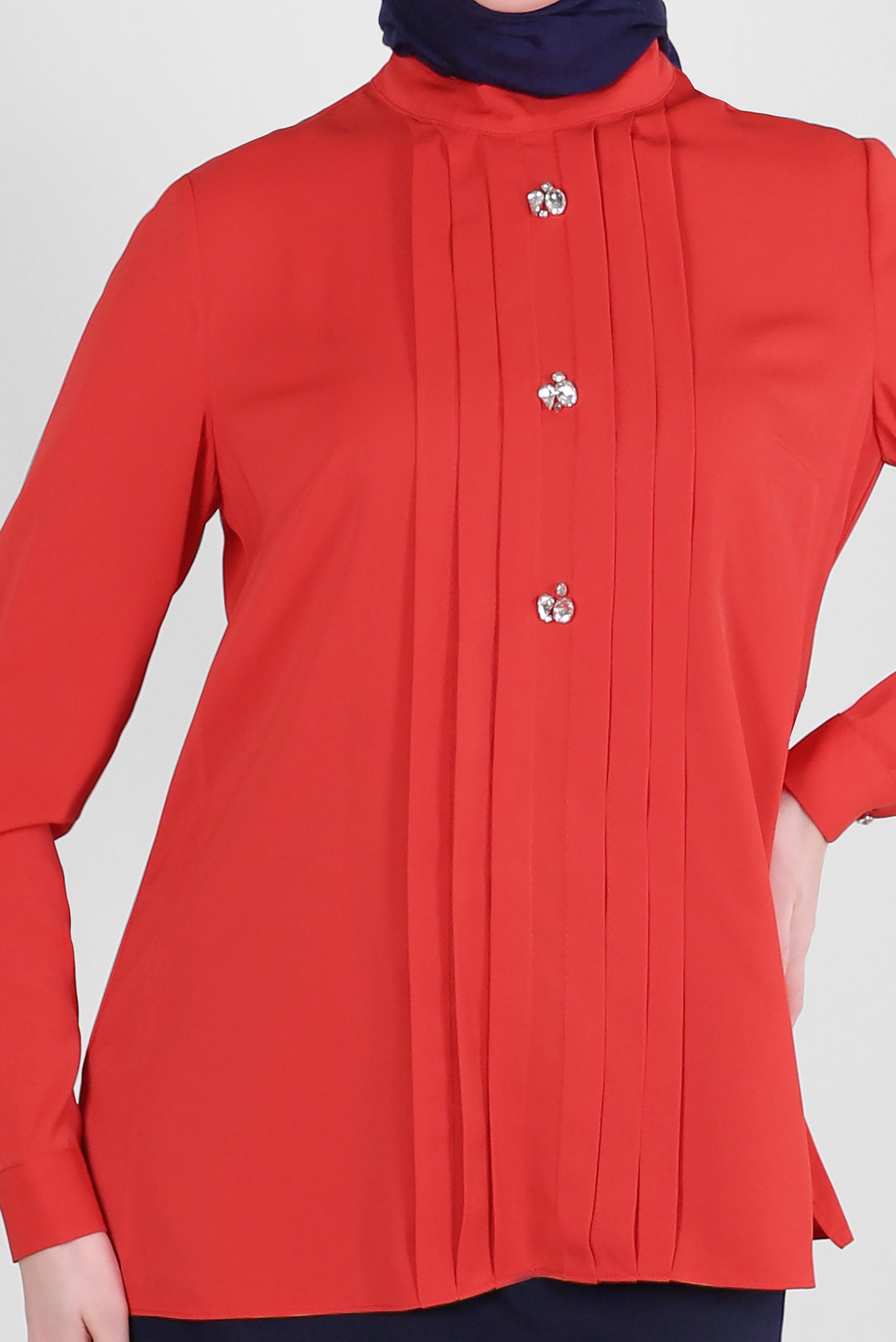 Tesettür giyim KIRMIZI TAŞ DETAYLI PİLİSELİ BLUZ 43537