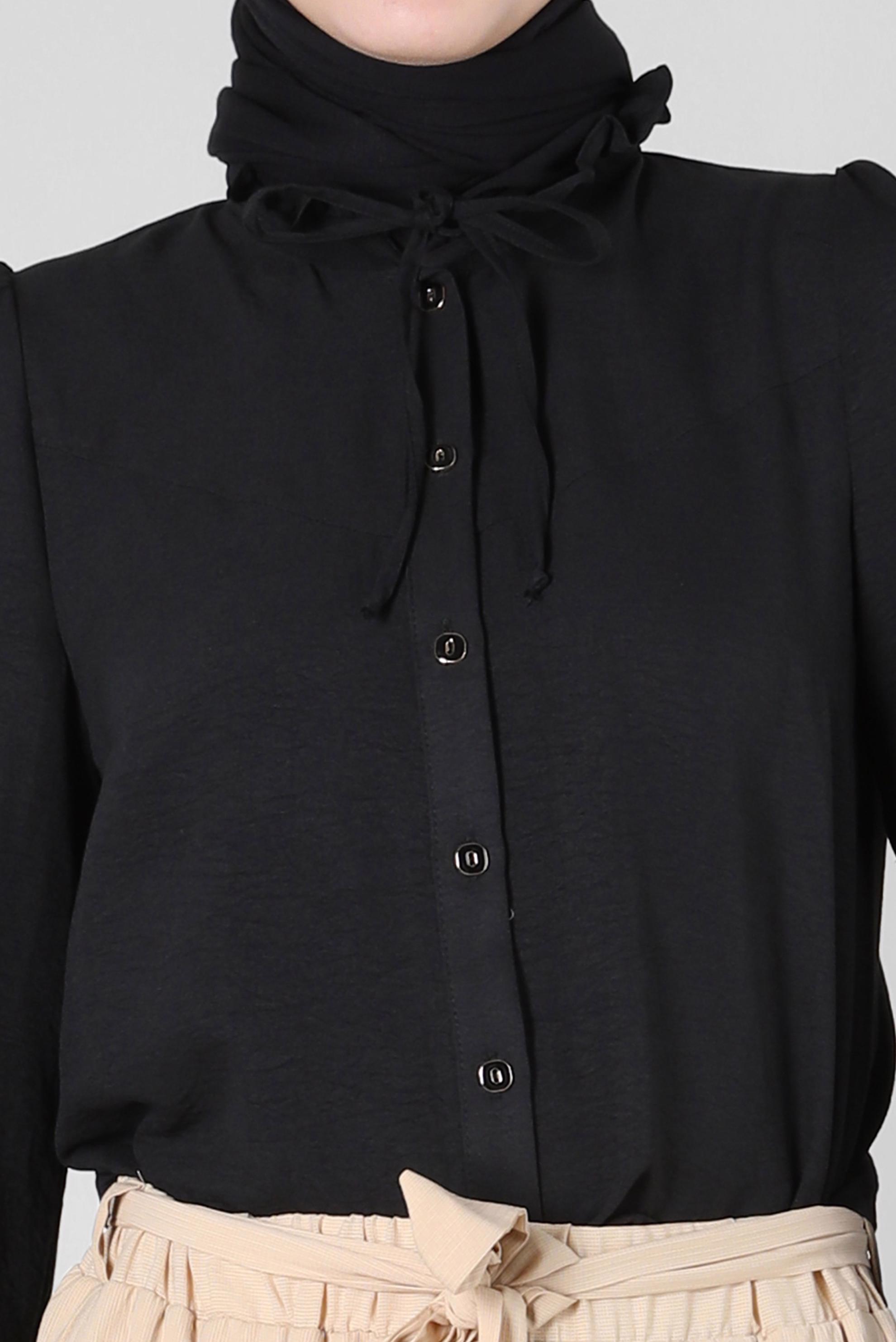 Vêtements hijab NOIR BLOUSE COL NOUÉ AVEC POIGNETS ÉLASTIQUE 43550