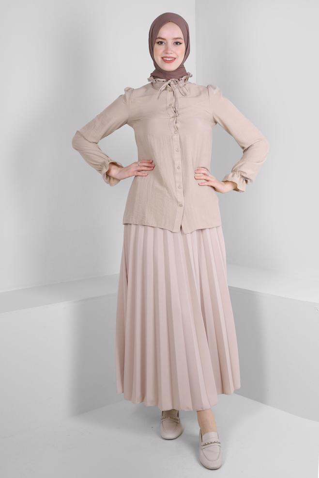 Tesettür giyim BEJ YAKASI BAĞLAMALI MANŞETLERİ LASTİKLİ BLUZ 43550 - ALVİNA