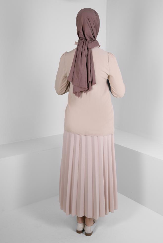 Tesettür giyim BEJ YAKASI BAĞLAMALI MANŞETLERİ LASTİKLİ BLUZ 43550 - ALVİNA