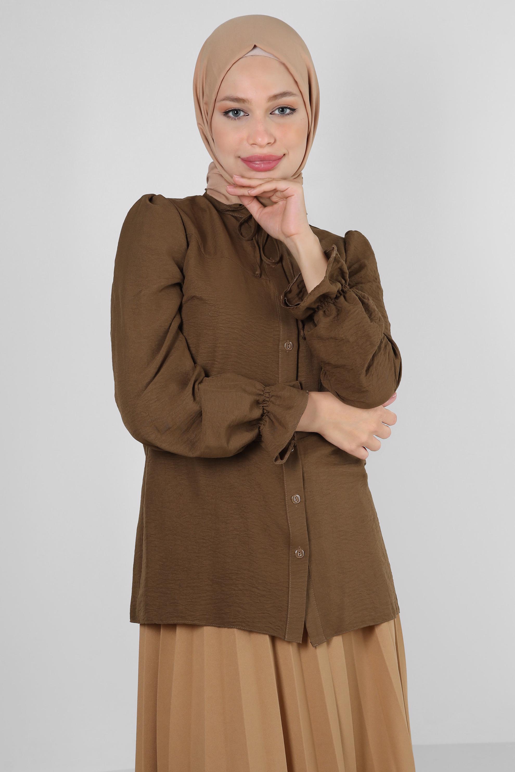 Vêtements hijab BRUN BLOUSE COL NOUÉ AVEC POIGNETS ÉLASTIQUE 43550