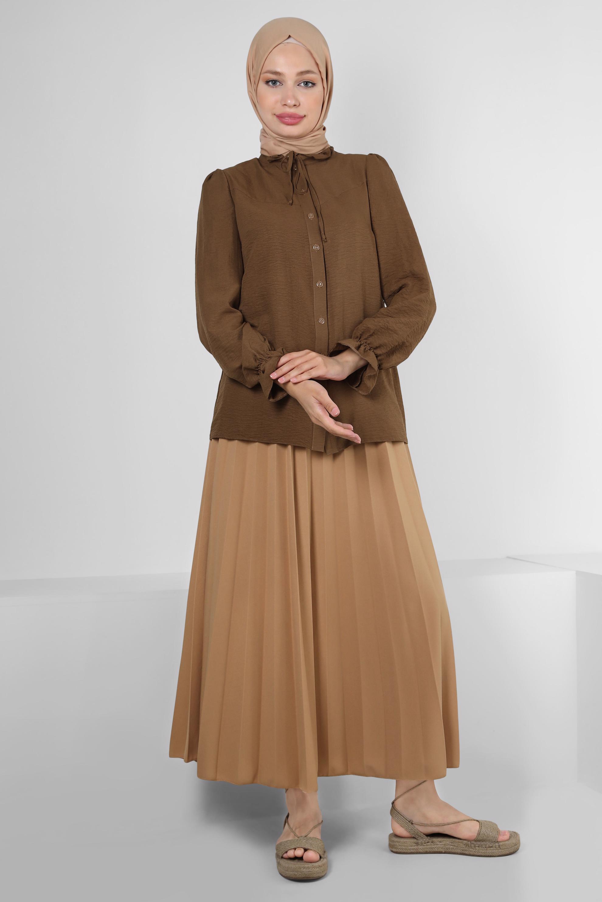 Vêtements hijab BRUN BLOUSE COL NOUÉ AVEC POIGNETS ÉLASTIQUE 43550