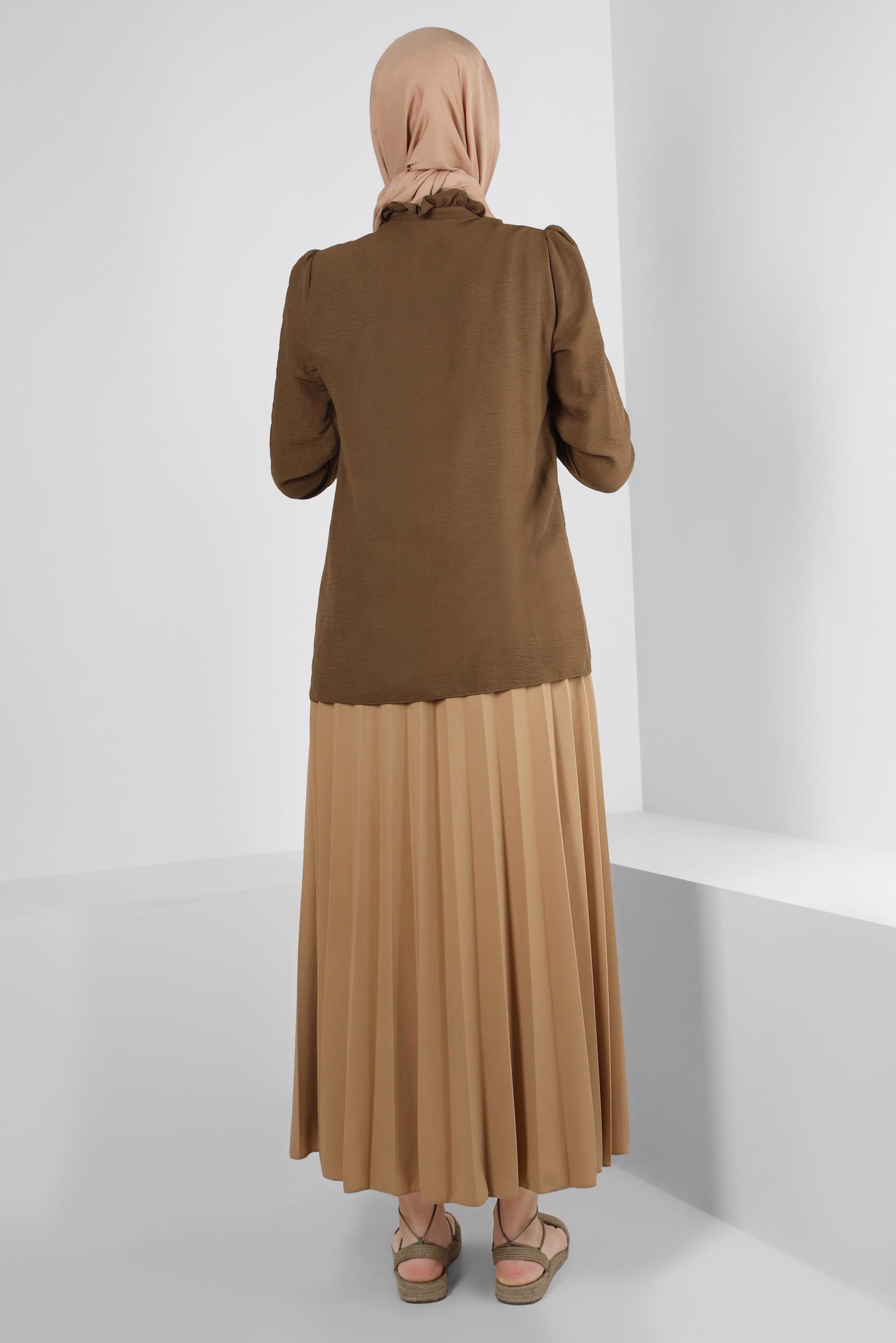 Vêtements hijab BRUN BLOUSE COL NOUÉ AVEC POIGNETS ÉLASTIQUE 43550