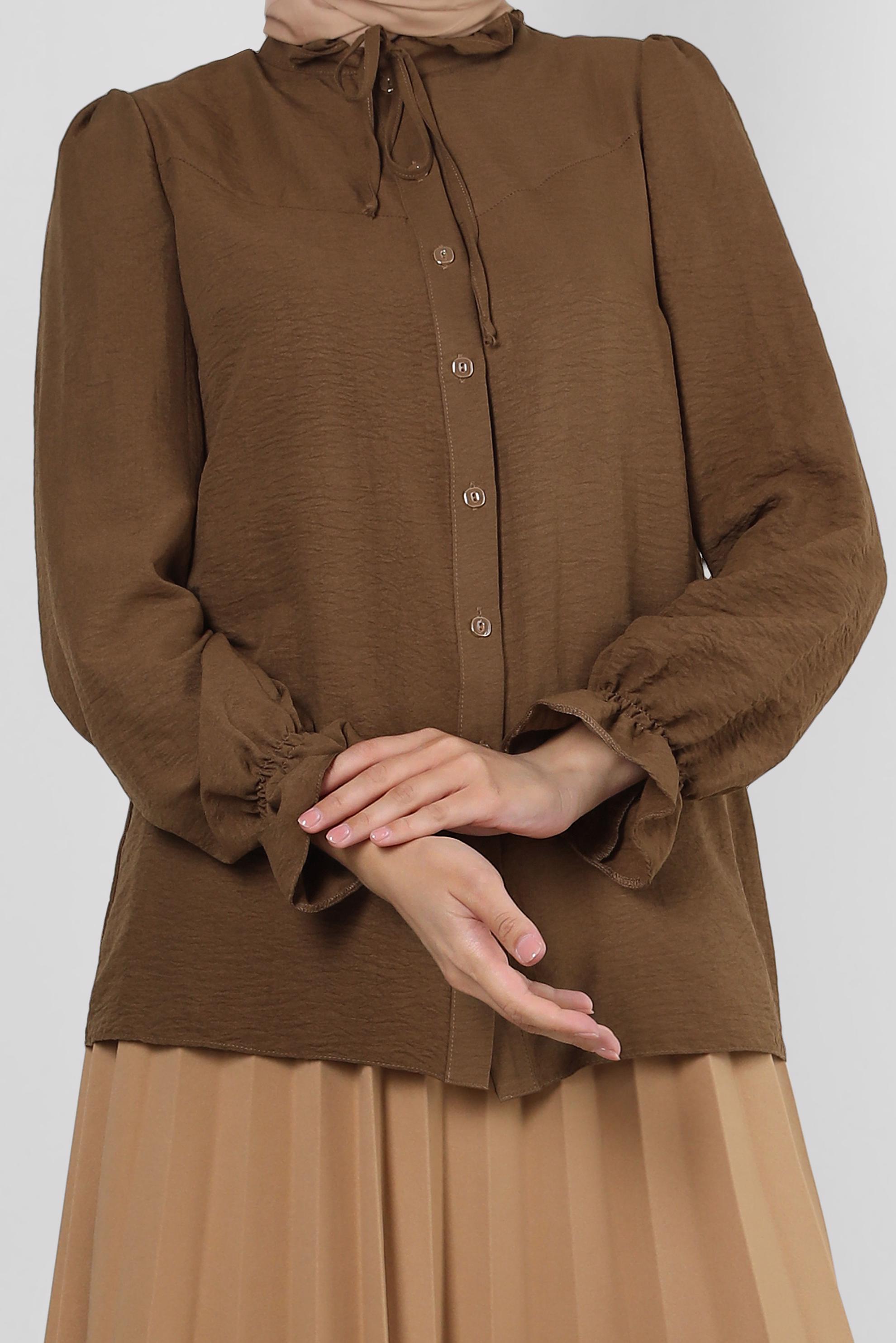 Vêtements hijab BRUN BLOUSE COL NOUÉ AVEC POIGNETS ÉLASTIQUE 43550