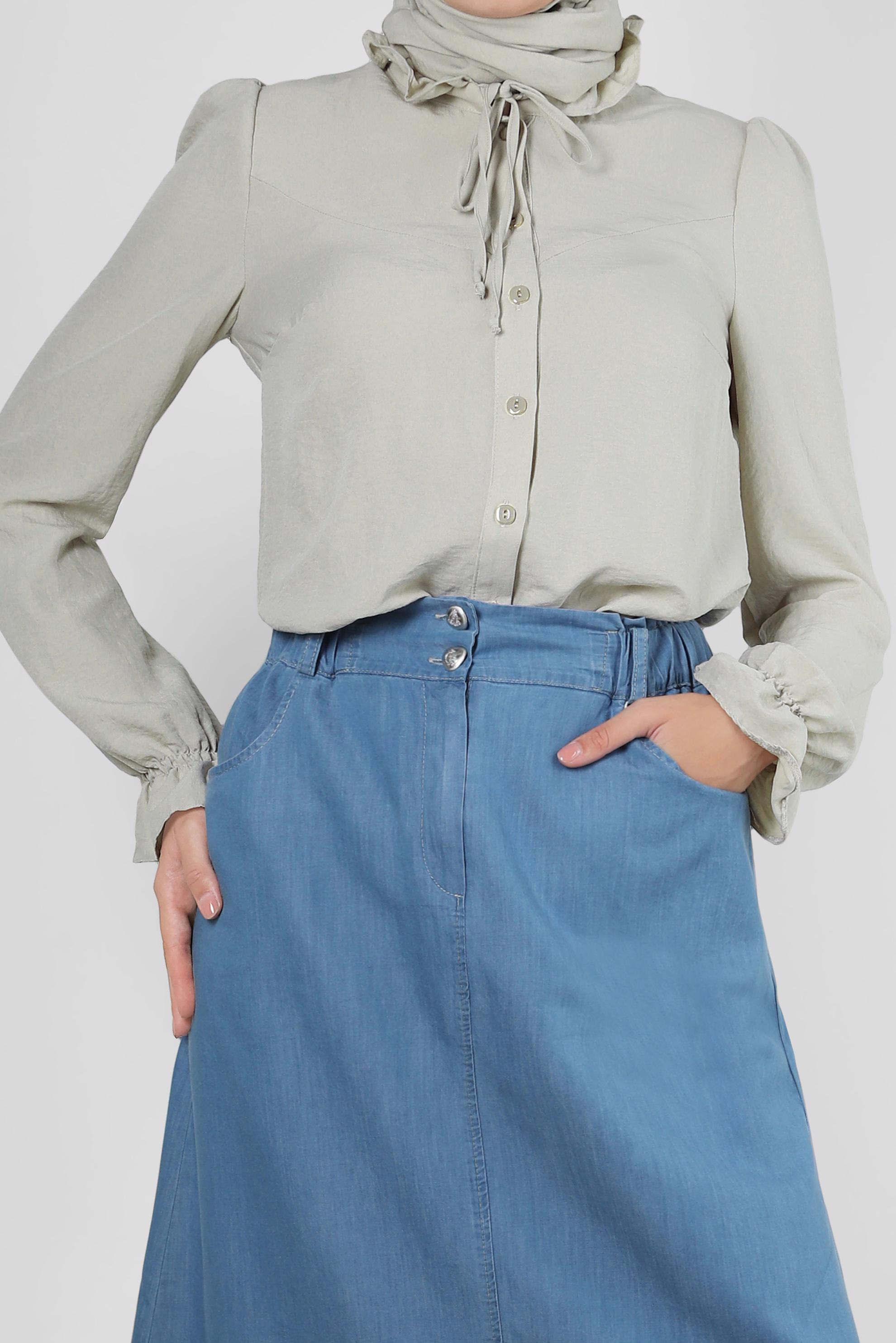 Tesettür giyim BEJ YAKASI BAĞLAMALI MANŞETLERİ LASTİKLİ BLUZ 43550