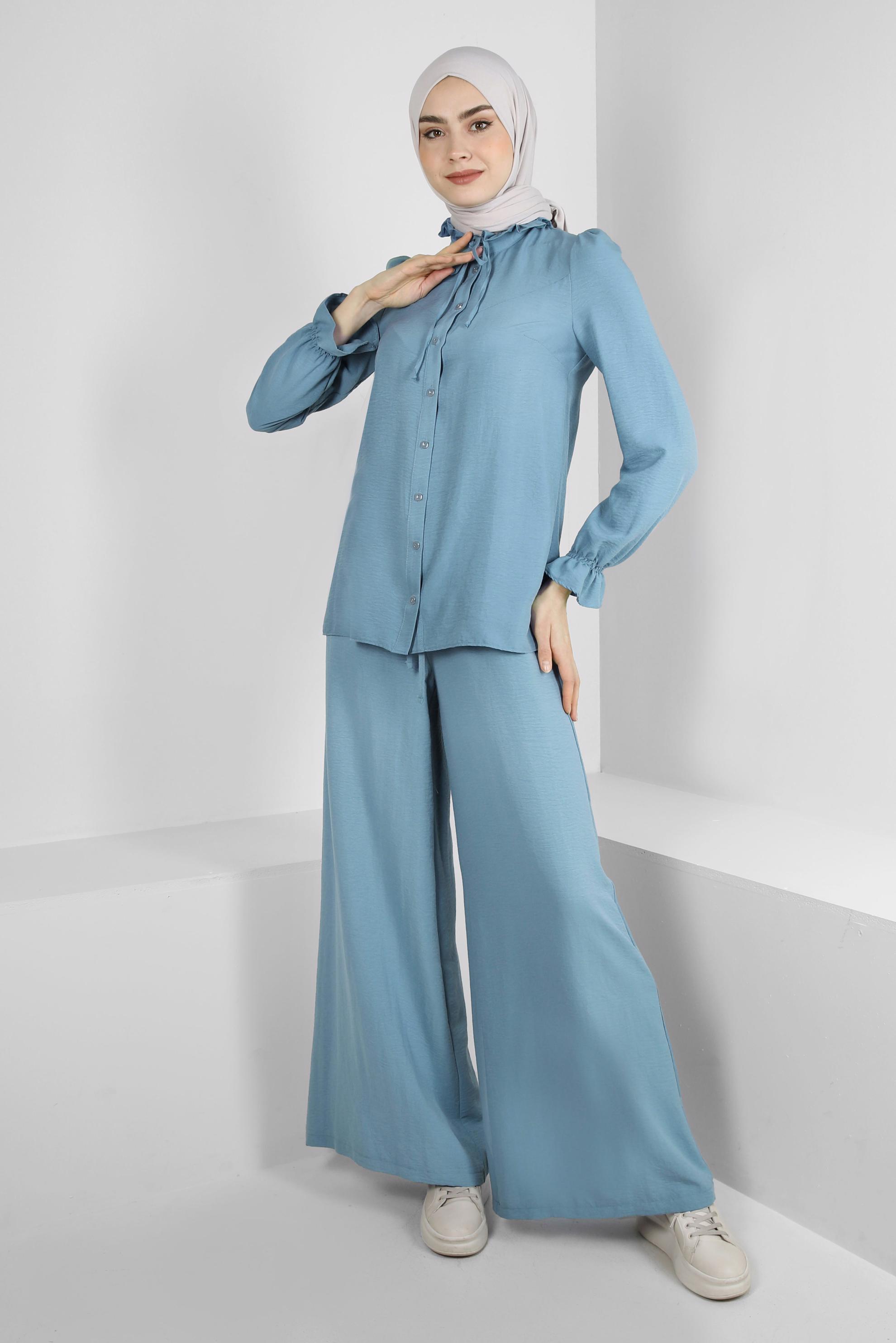 Tesettür giyim MAVİ YAKASI BAĞLAMALI MANŞETLERİ LASTİKLİ BLUZ 43550