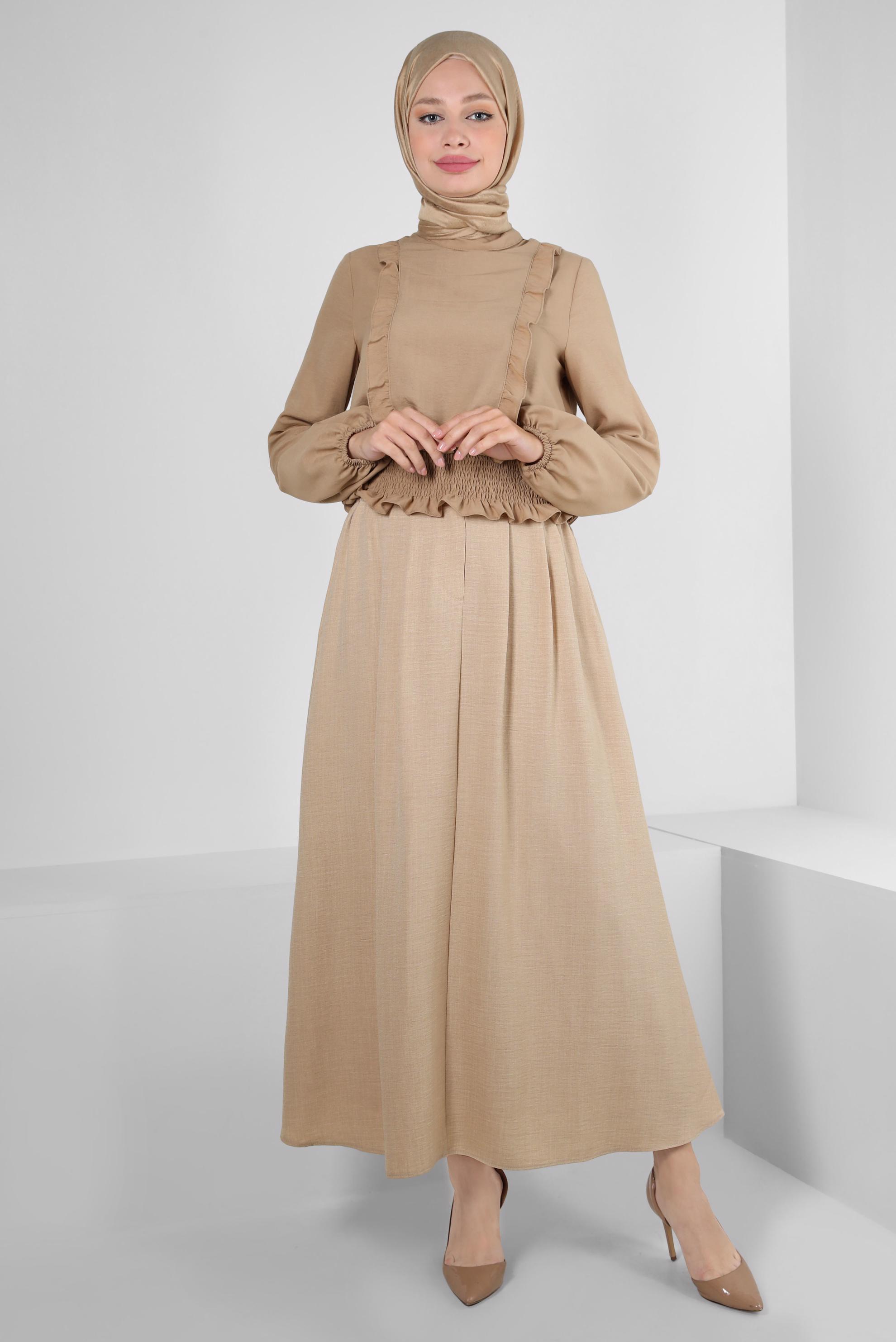 Hijab clothing BROWN FRILLED BLOUSE WITH ELASTIC WAIST 43551