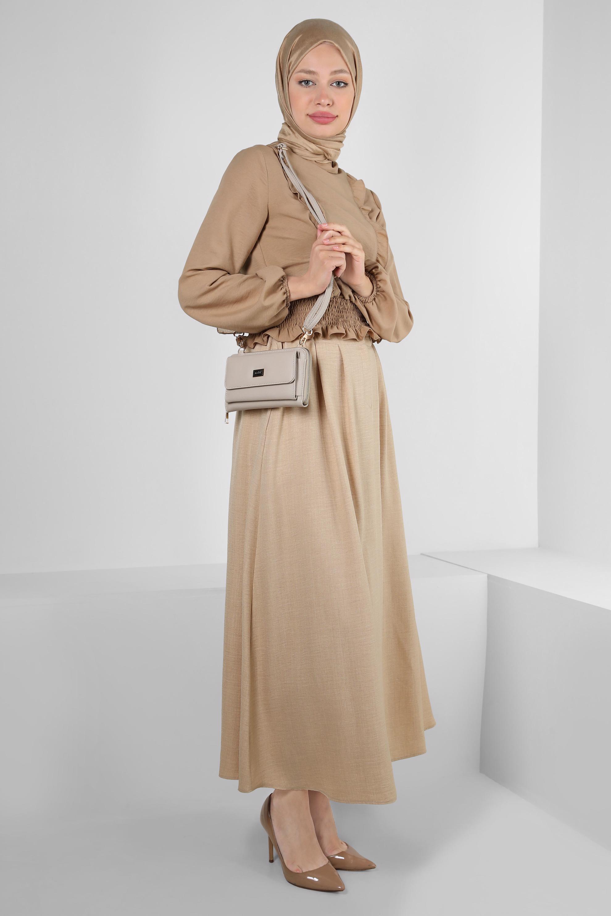 Hijab clothing BROWN FRILLED BLOUSE WITH ELASTIC WAIST 43551