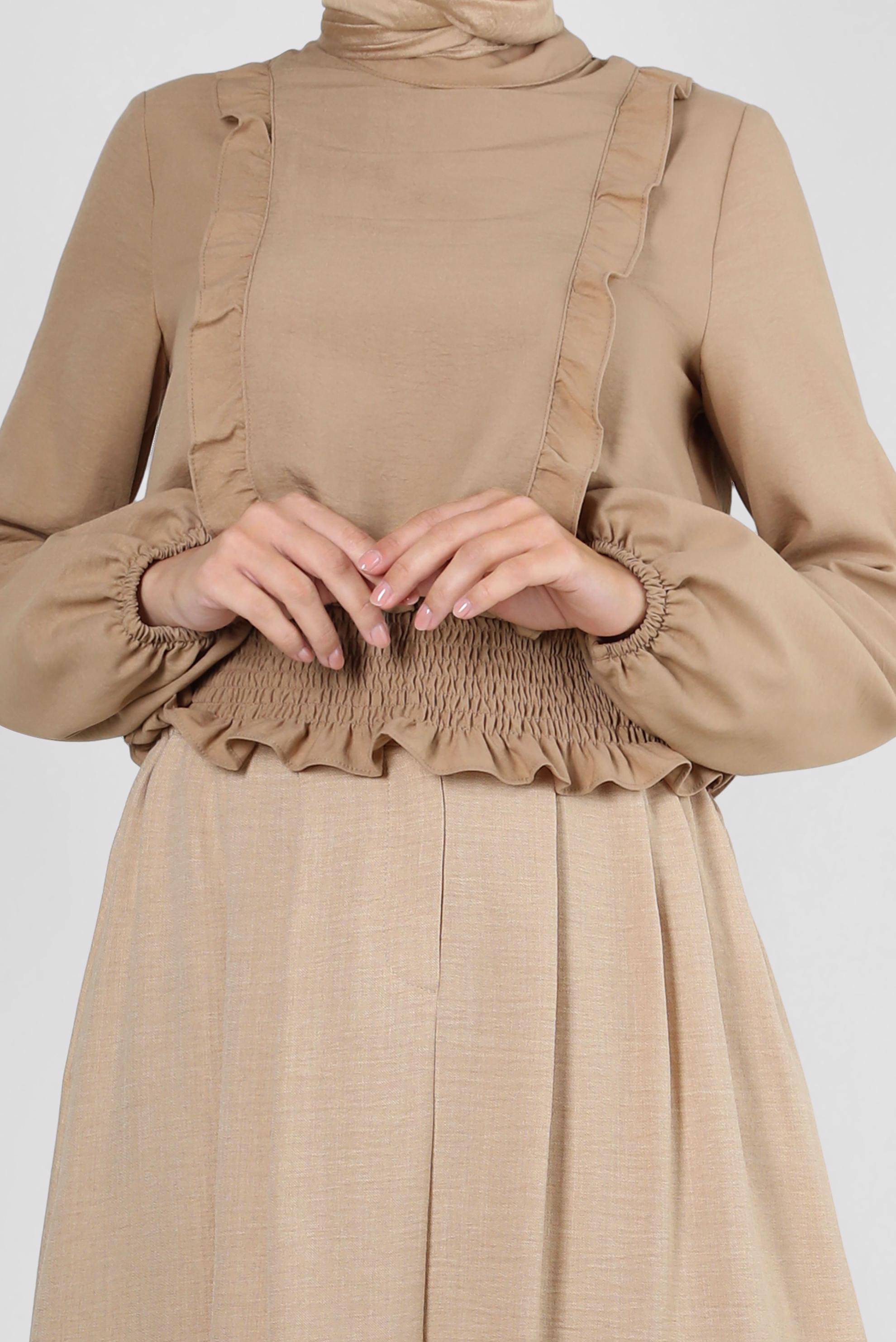 Hijab clothing BROWN FRILLED BLOUSE WITH ELASTIC WAIST 43551