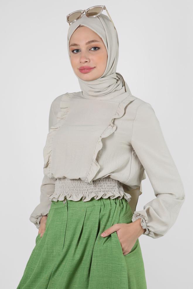 Tesettür giyim BEJ FIRFIR DETAYLI GİPELİ BLUZ 43551 - ALVİNA