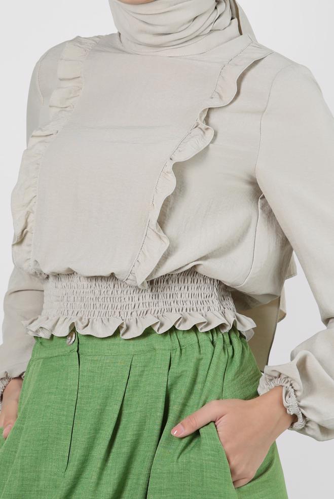 Tesettür giyim BEJ FIRFIR DETAYLI GİPELİ BLUZ 43551 - ALVİNA