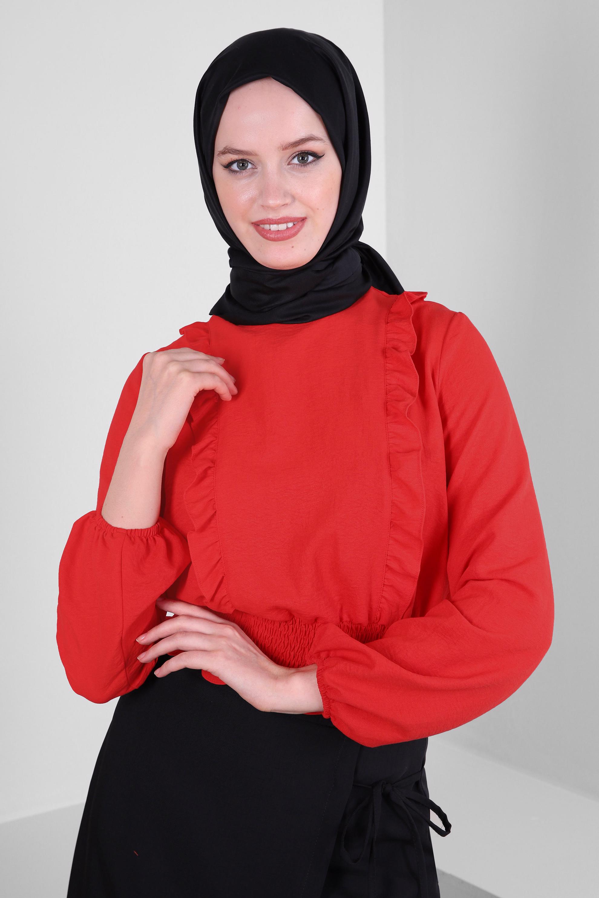 Tesettür giyim KIRMIZI FIRFIR DETAYLI GİPELİ BLUZ 43551