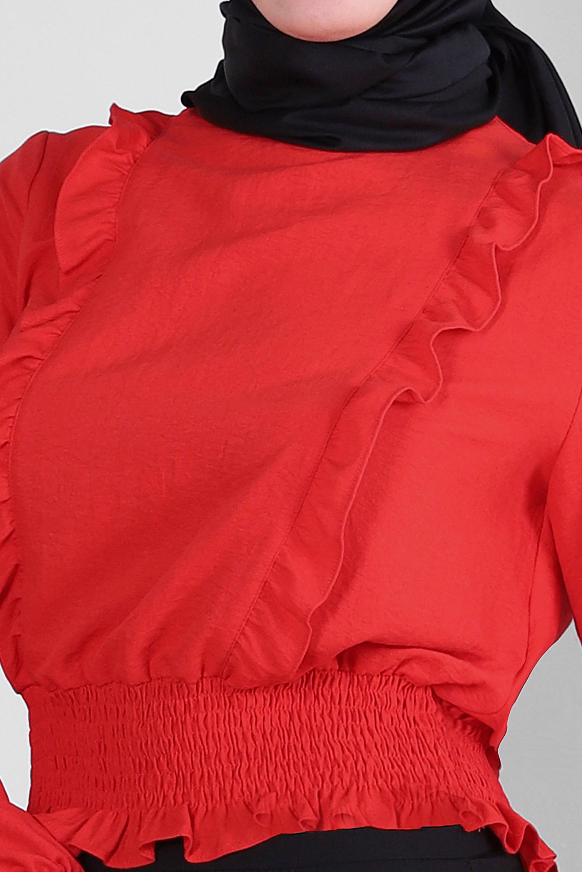 Tesettür giyim KIRMIZI FIRFIR DETAYLI GİPELİ BLUZ 43551