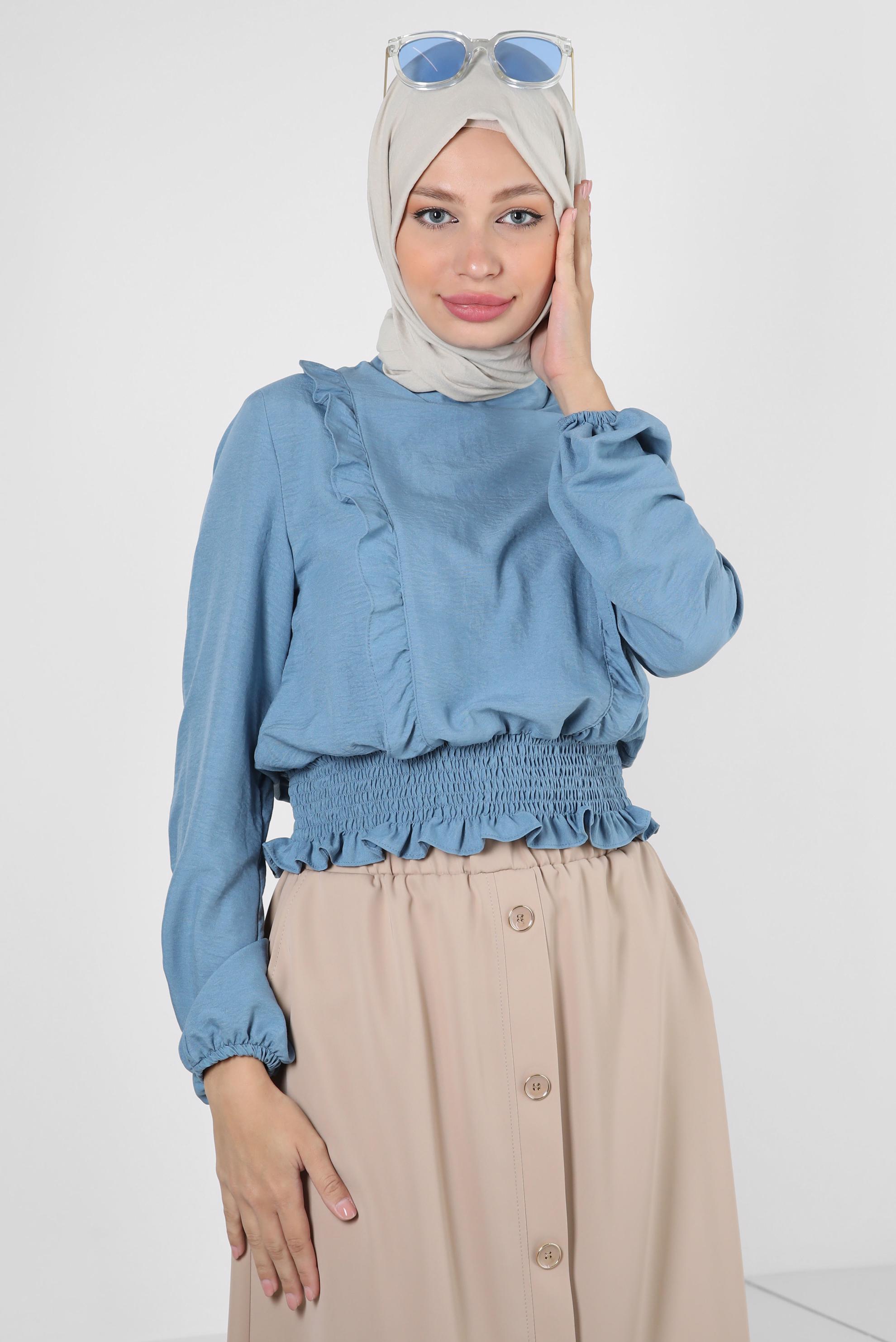 Vêtements hijab BLEU BLOUSE À VOLANTS AVEC TAILLE ÉLASTIQUE 43551