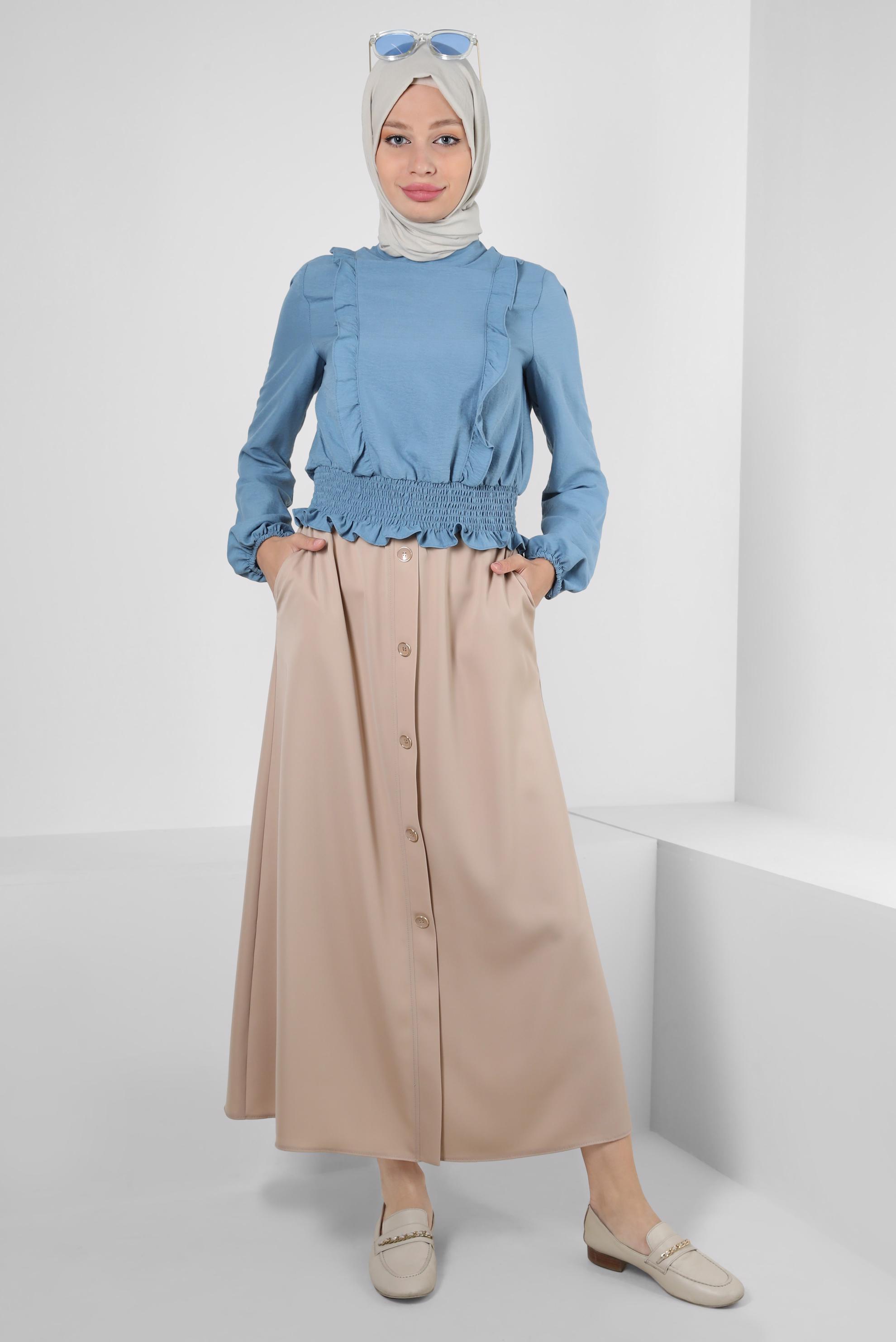 Vêtements hijab BLEU BLOUSE À VOLANTS AVEC TAILLE ÉLASTIQUE 43551