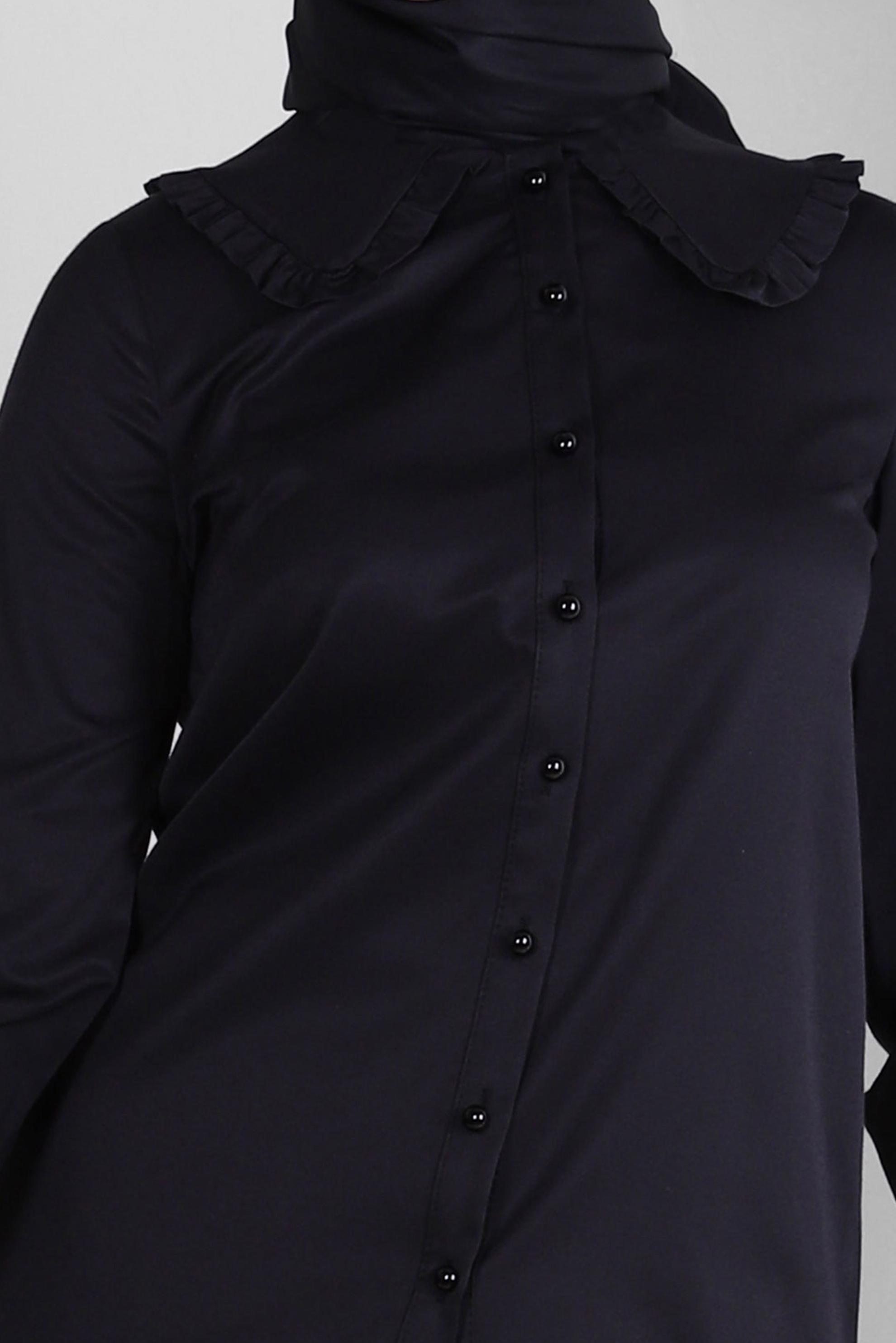 Tesettür giyim SİYAH BEBE YAKA MANŞETLERİ BÜZGÜLÜ SATEN BLUZ 43568