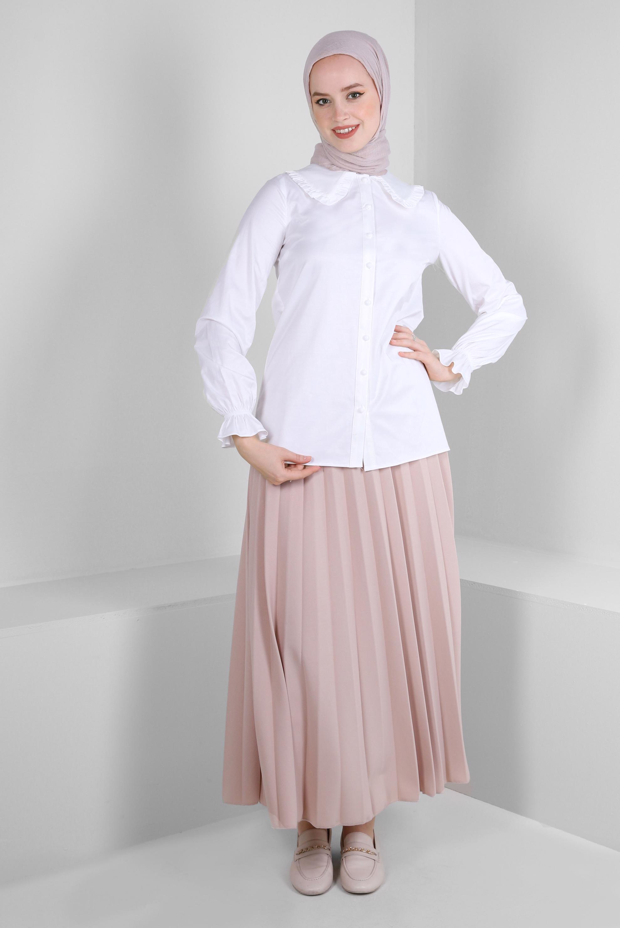 Tesettür giyim BEYAZ BEBE YAKA MANŞETLERİ BÜZGÜLÜ SATEN BLUZ 43568