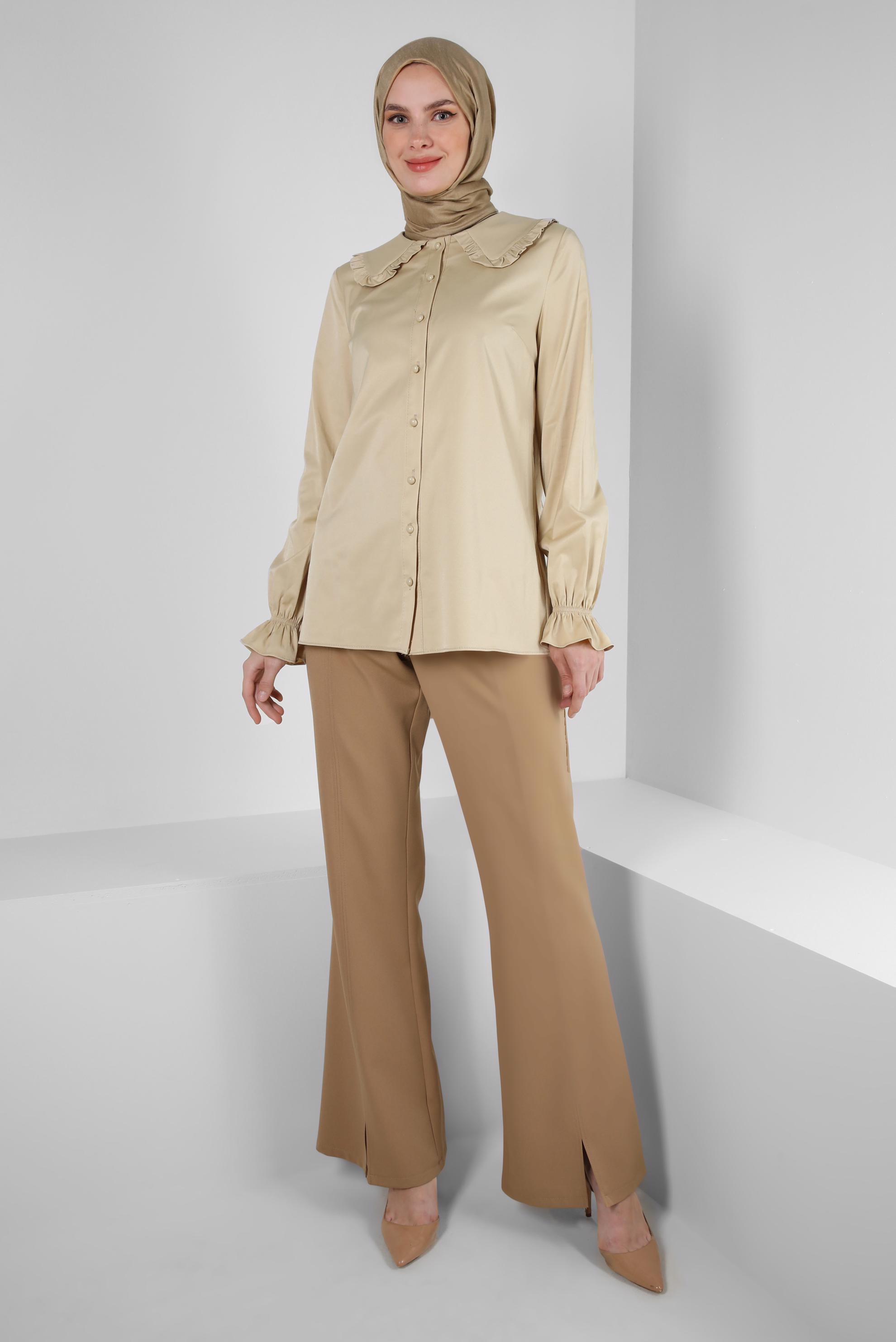 Hijab clothing SAND ROUND COLLAR SATIN BLOUSE WITH ELASTIC CUFFS 43568