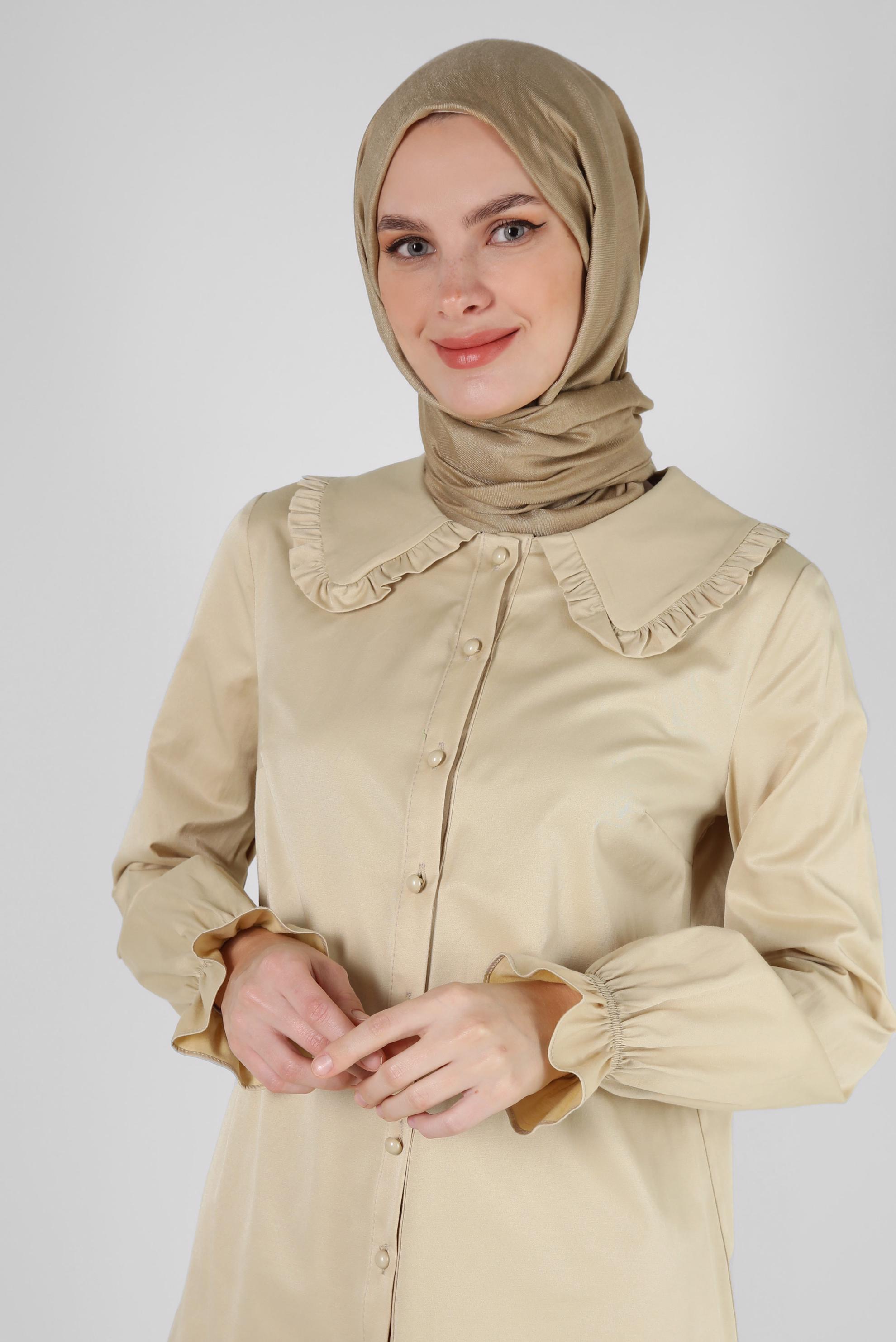 Hijab clothing SAND ROUND COLLAR SATIN BLOUSE WITH ELASTIC CUFFS 43568