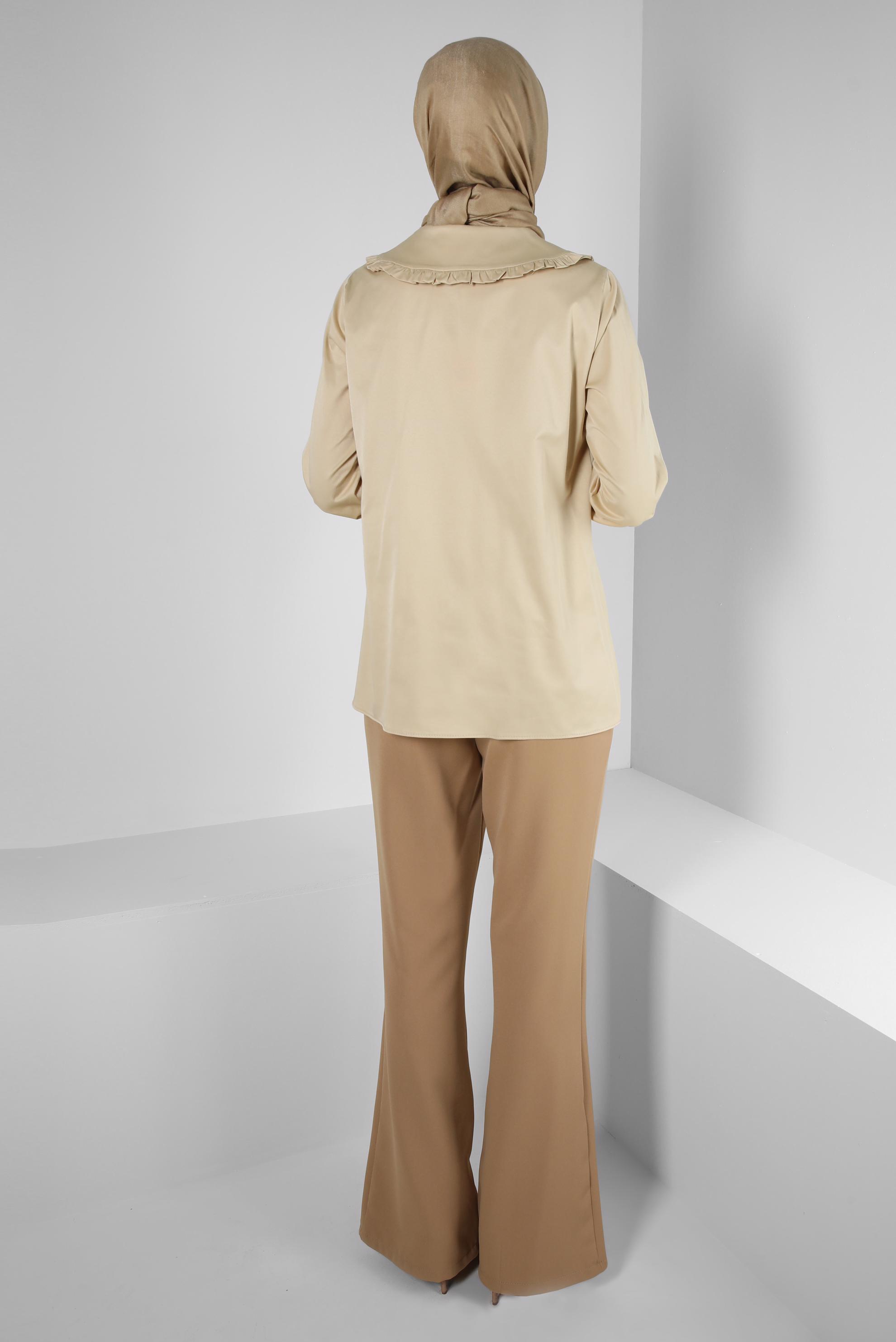 Hijab clothing SAND ROUND COLLAR SATIN BLOUSE WITH ELASTIC CUFFS 43568