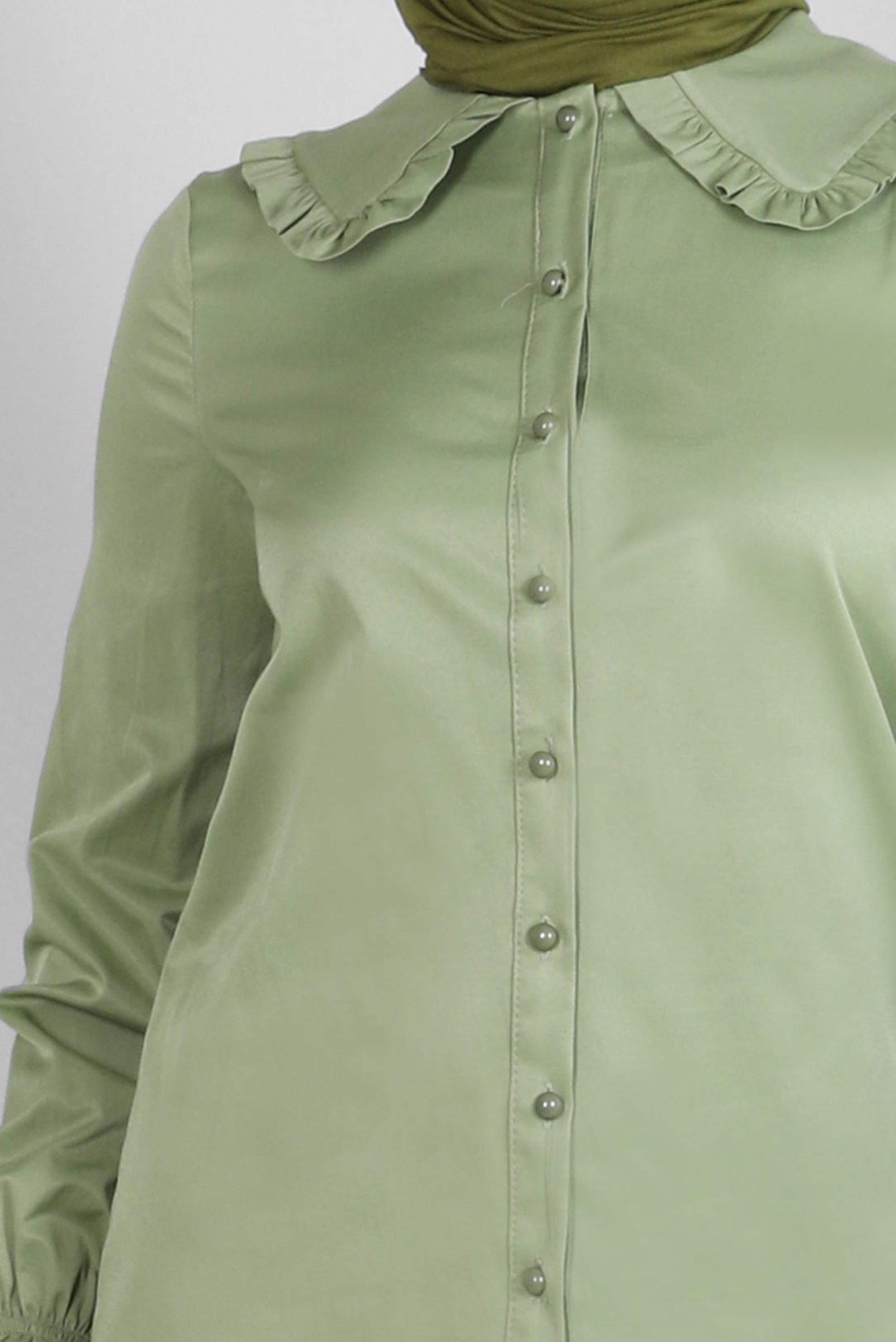 Tesettür giyim YEŞİL BEBE YAKA MANŞETLERİ BÜZGÜLÜ SATEN BLUZ 43568