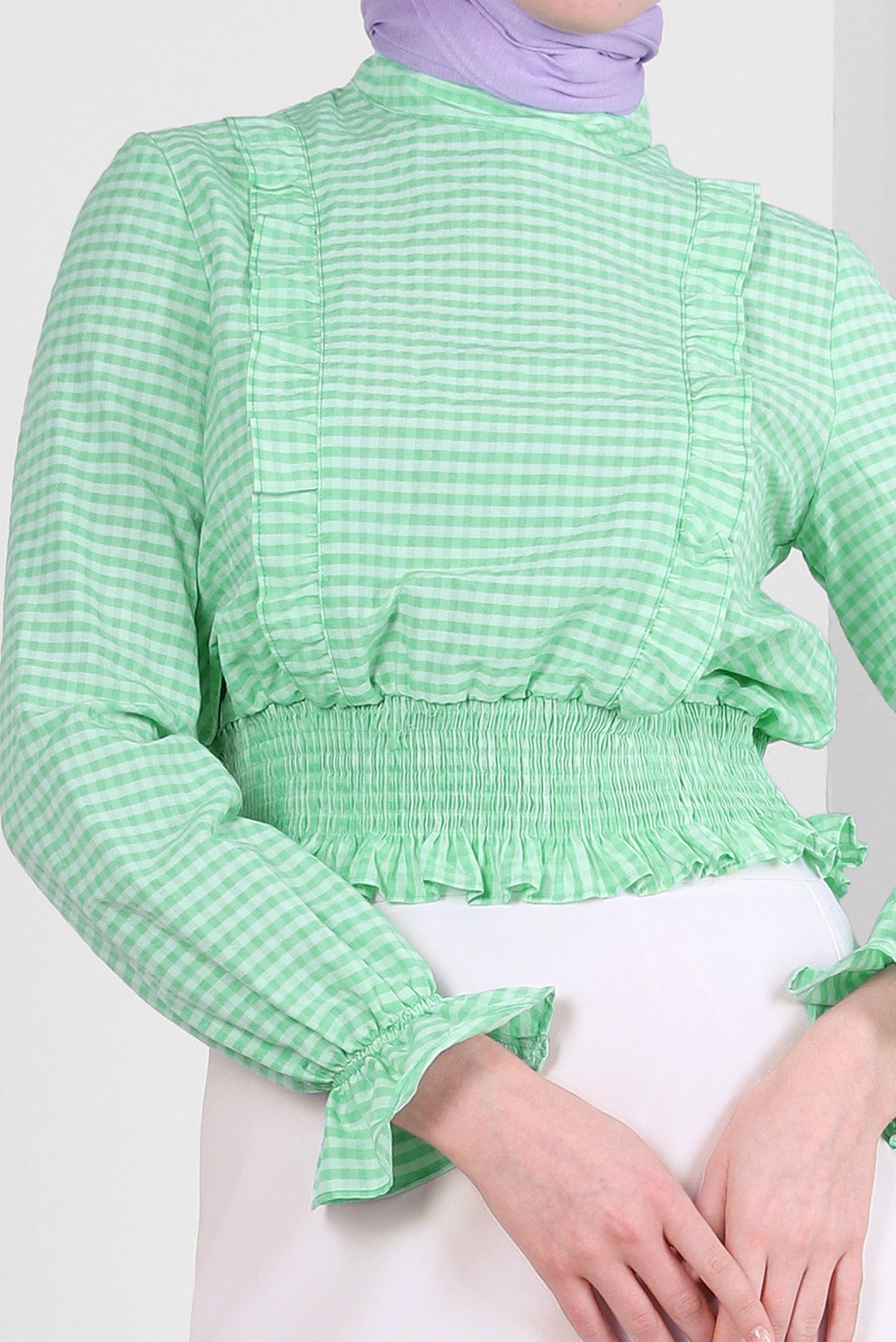 Tesettür giyim YEŞİL PÖTİKARE DESENLİ GİPE DETAYLI BLUZ 43569