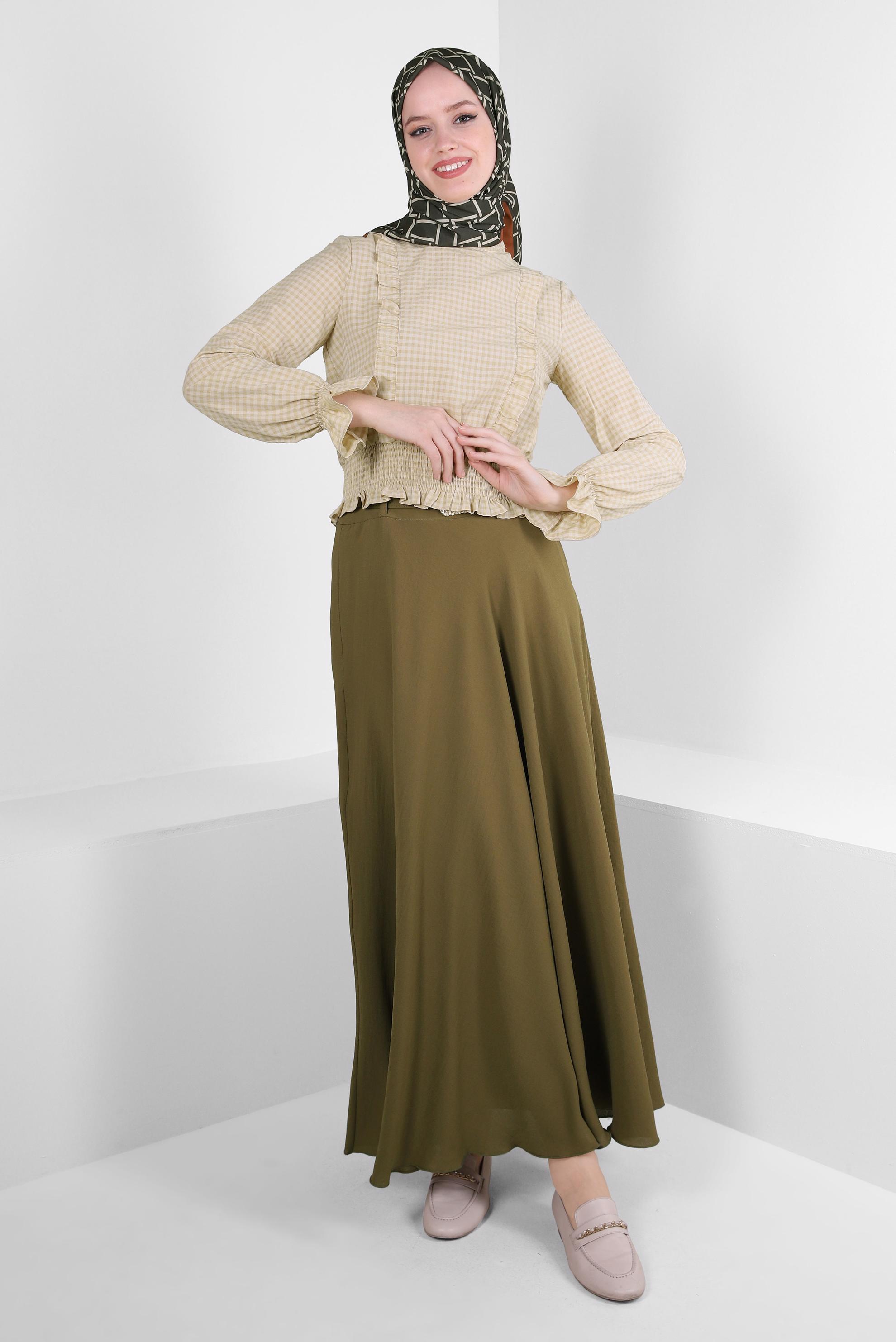 Tesettür giyim KAHVE PÖTİKARE DESENLİ GİPE DETAYLI BLUZ 43569