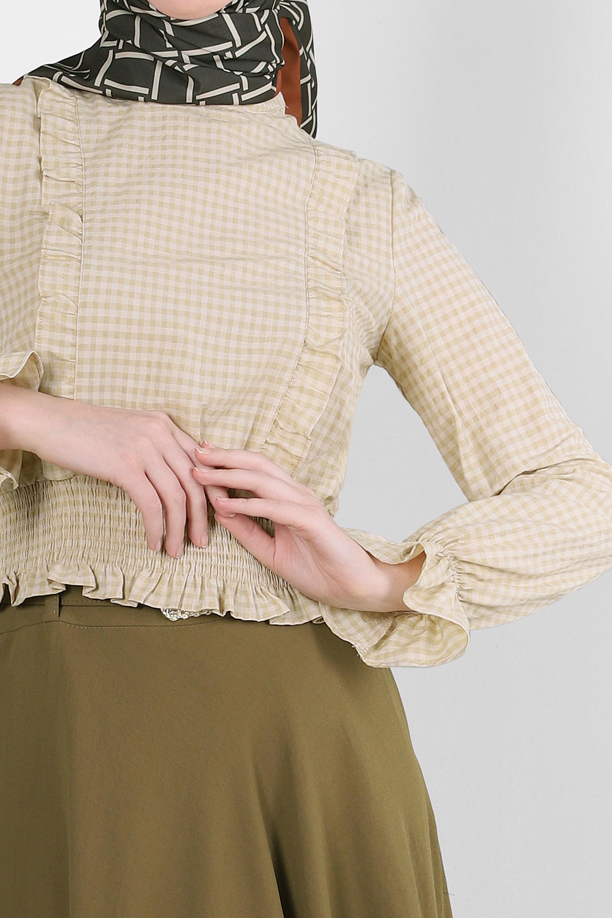 Tesettür giyim KAHVE PÖTİKARE DESENLİ GİPE DETAYLI BLUZ 43569