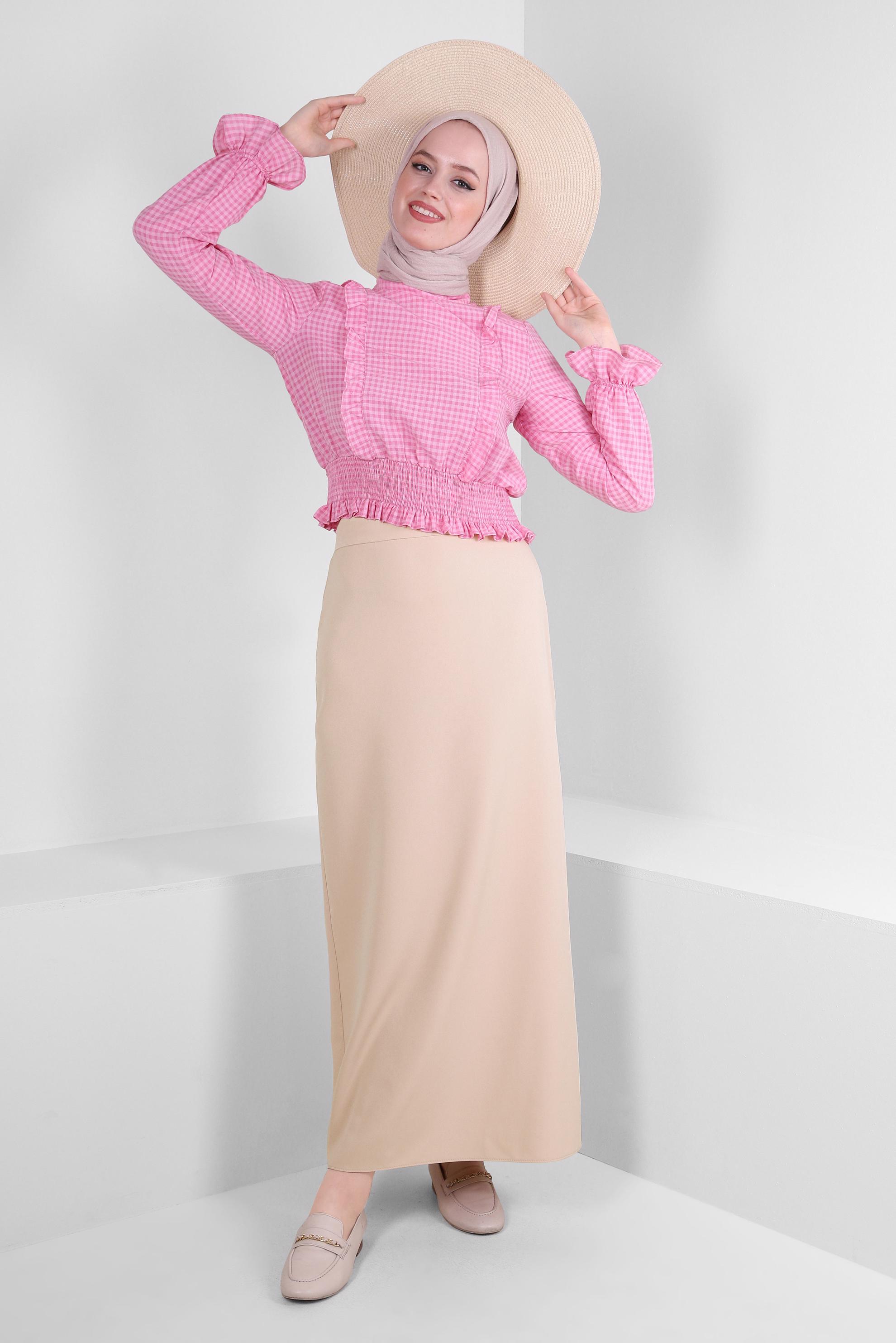 Tesettür giyim FUŞYA PÖTİKARE DESENLİ GİPE DETAYLI BLUZ 43569