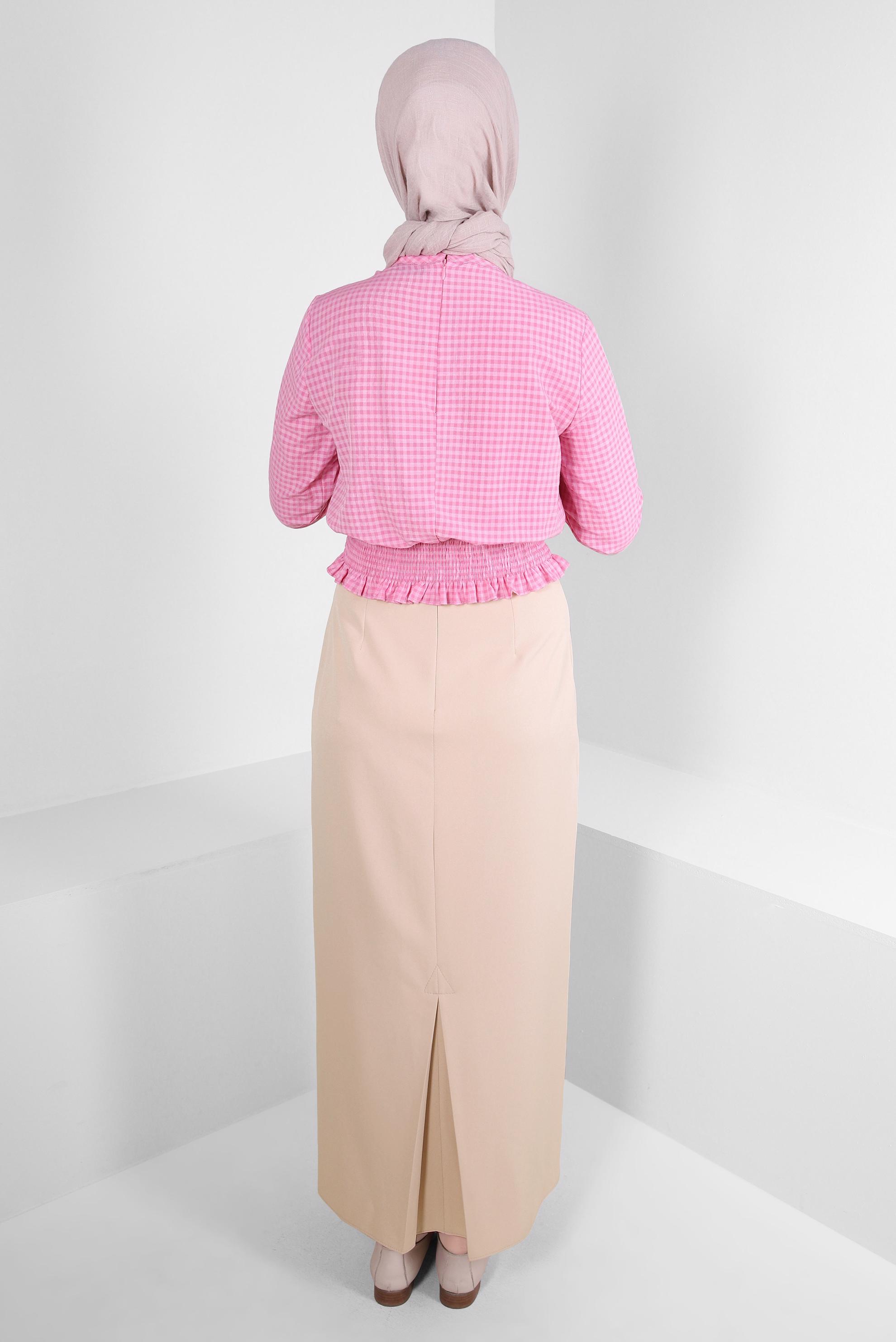 Tesettür giyim FUŞYA PÖTİKARE DESENLİ GİPE DETAYLI BLUZ 43569