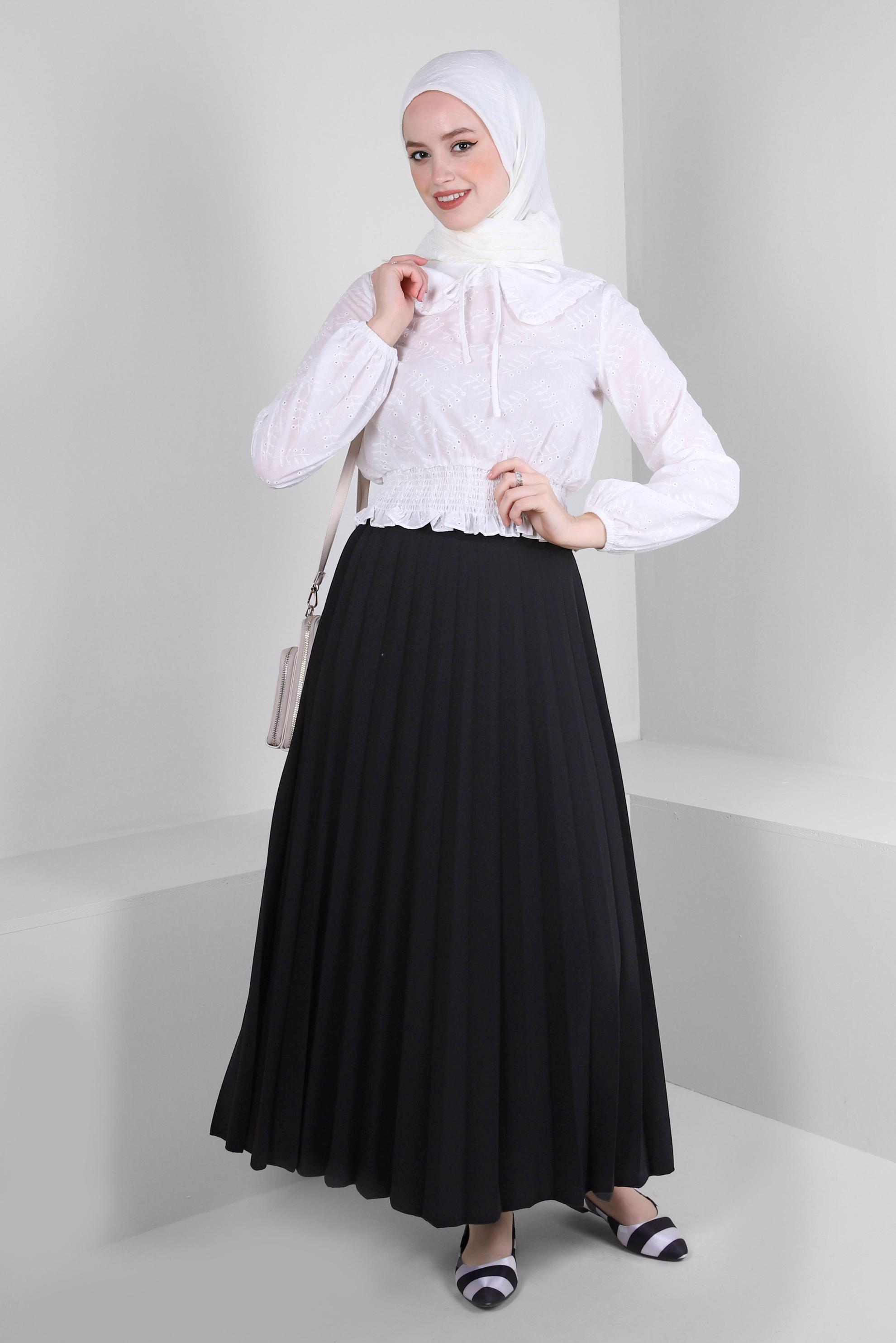 Tesettür giyim BEYAZ YAKA DETAYLI GİPELİ BLUZ 43570