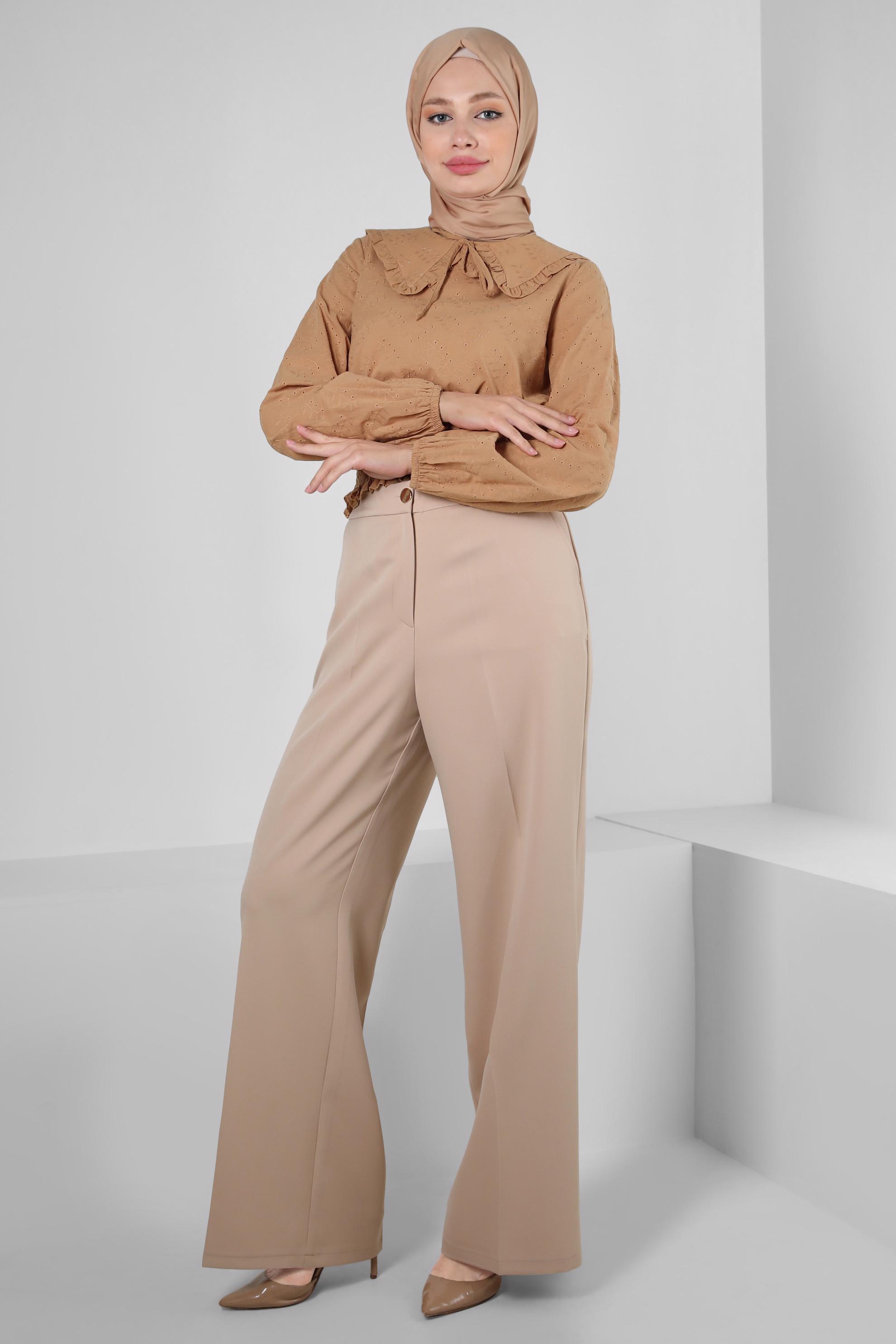 Vêtements hijab BRUN BLOUSE DÉTAIL COL À TAILLE ÉLASTIQUE 43570