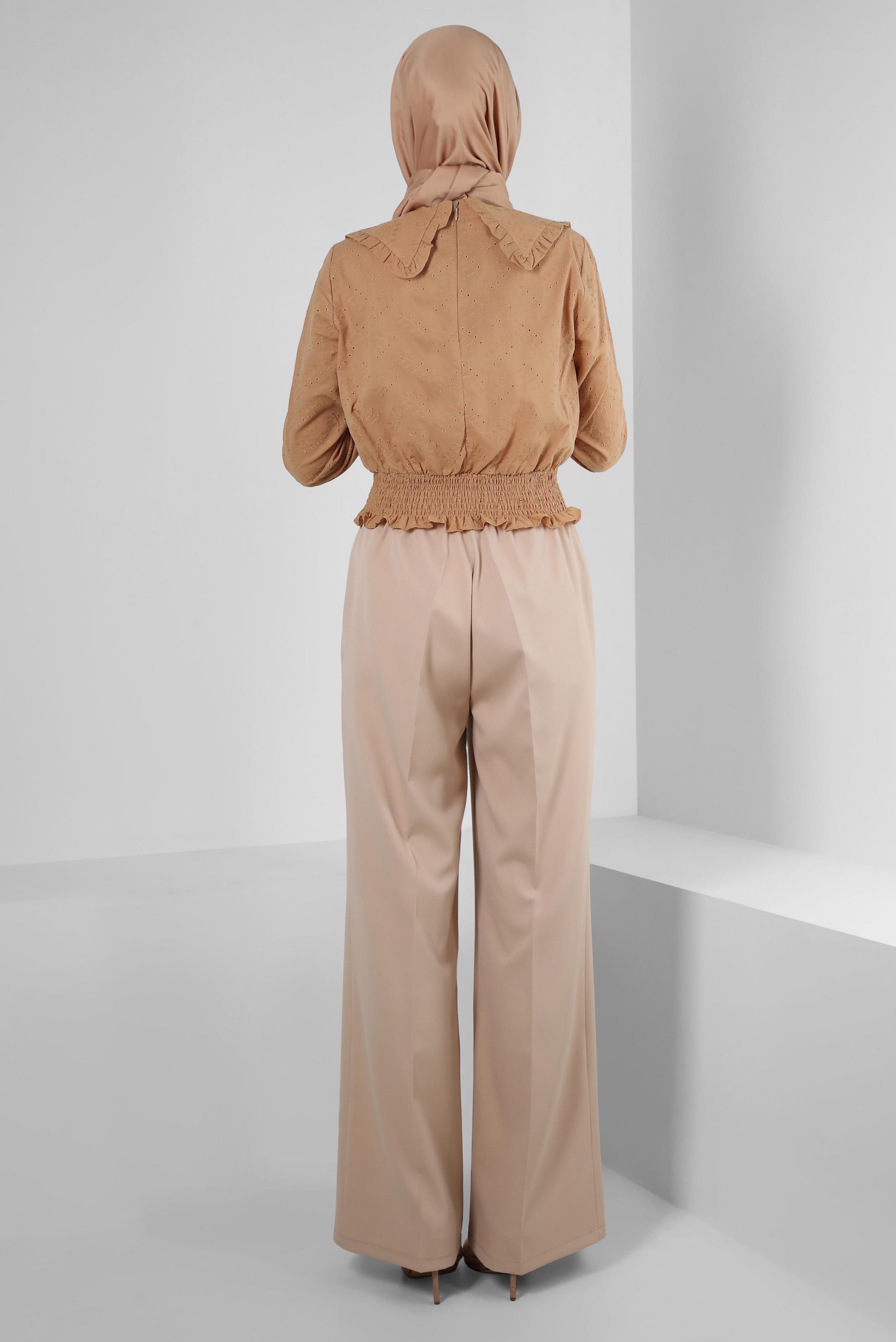 Vêtements hijab BRUN BLOUSE DÉTAIL COL À TAILLE ÉLASTIQUE 43570