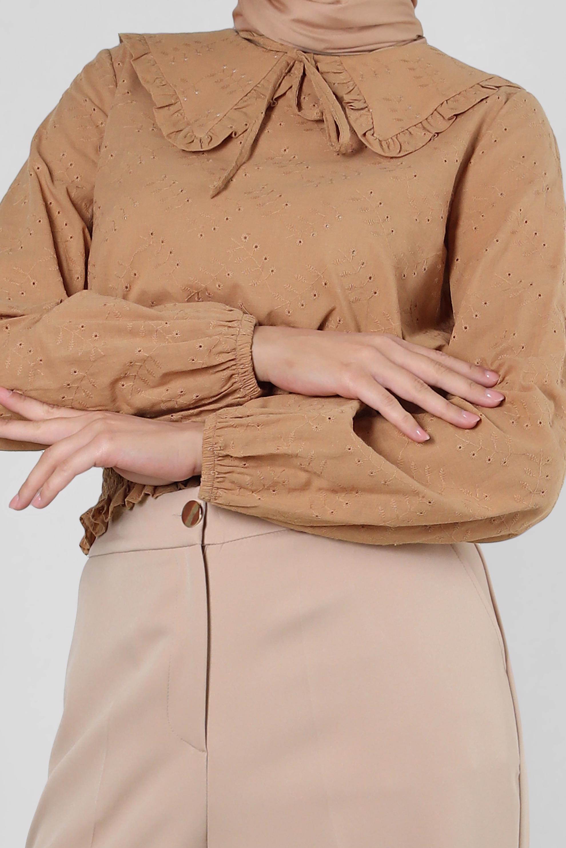 Vêtements hijab BRUN BLOUSE DÉTAIL COL À TAILLE ÉLASTIQUE 43570